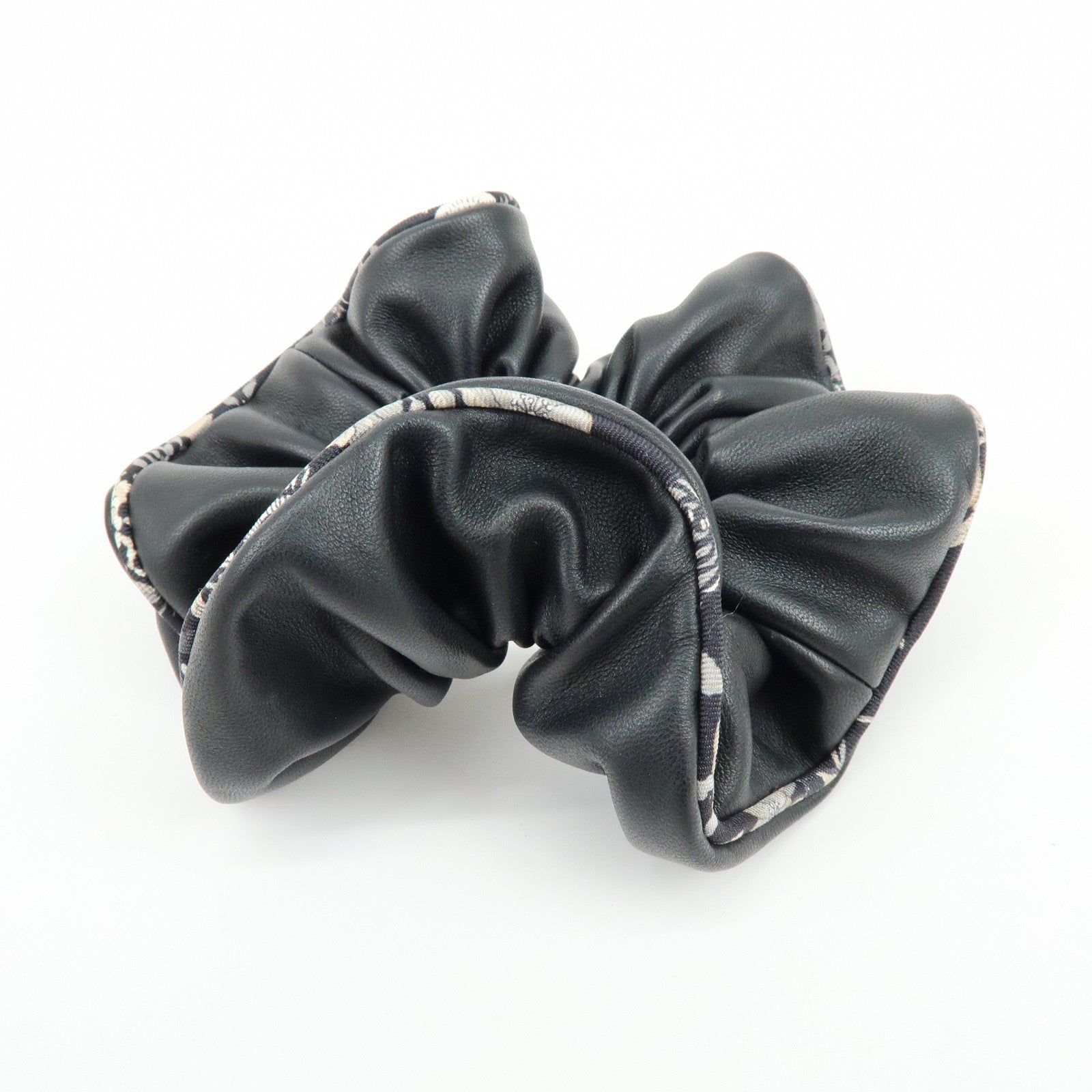 HERMES Agneau Milo Lamb Leather Scrunchie Hair Accessory Black White