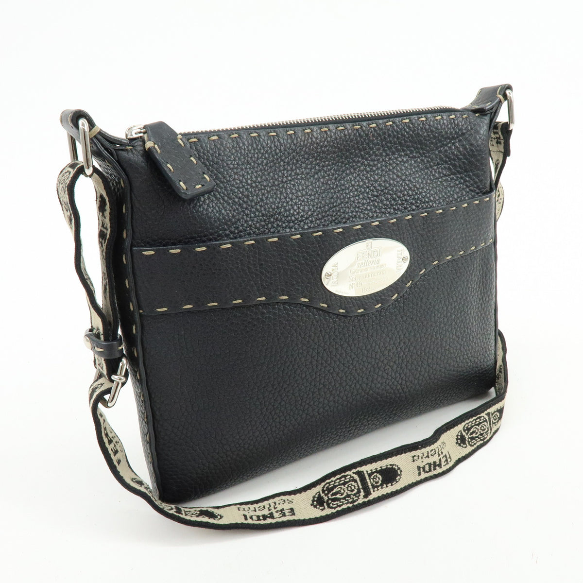 FENDI Selleria Leather Canvas Shoulder Bag Crossbody Bag Black 8BT092