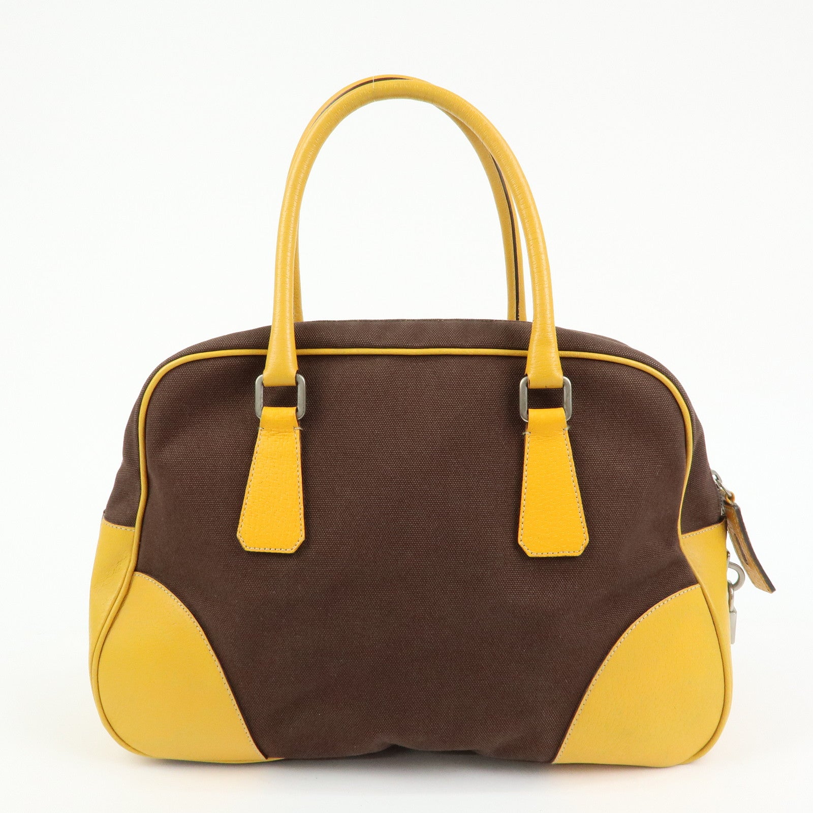 PRADA Triangle Logo Canvas Leather Boston Bag Brown Yellow B10813