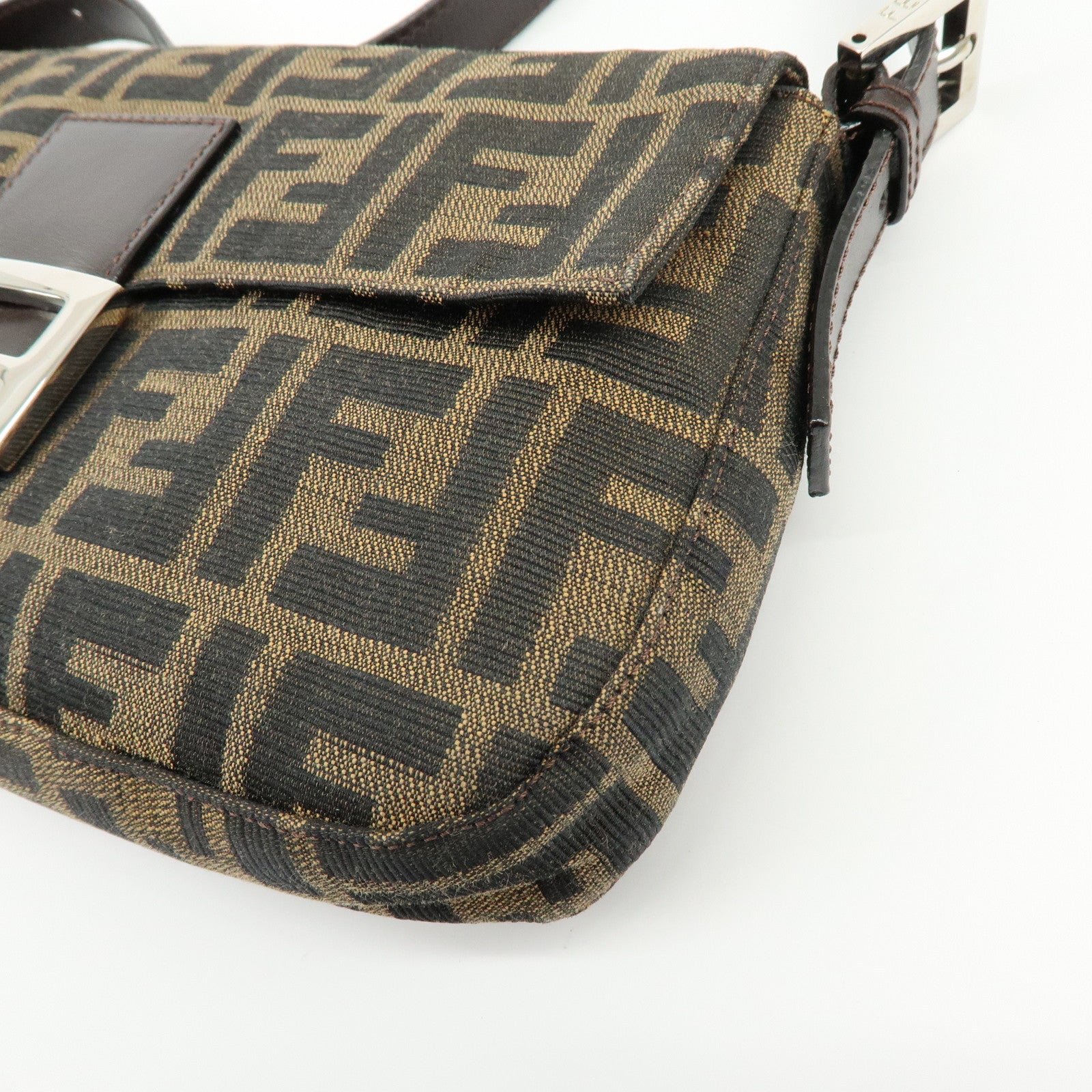 FENDI Mamma Baguette Zucca Canvas Leather Shoulder Bag Brown 26424