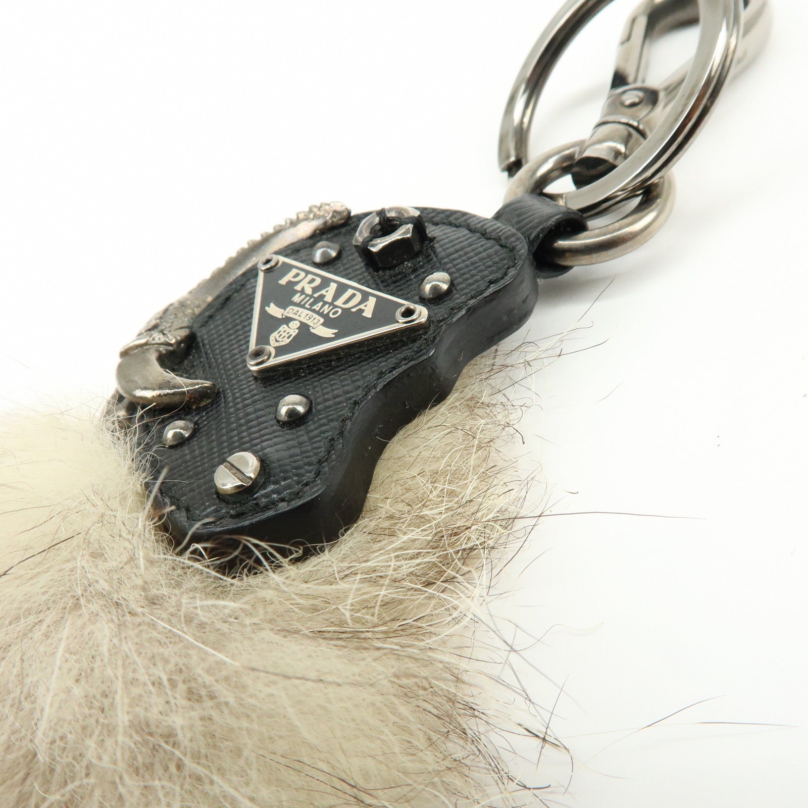 PRADA Triangle Log Saffiano Leather Fur Bag Charm Key Charm Beige