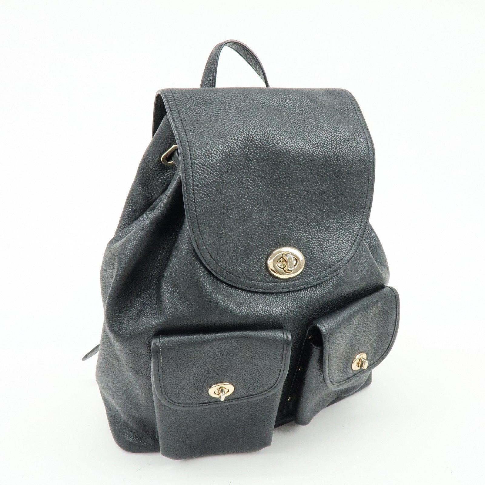 COACH Logo Leather Turn Lock Backpack Rucksack Black