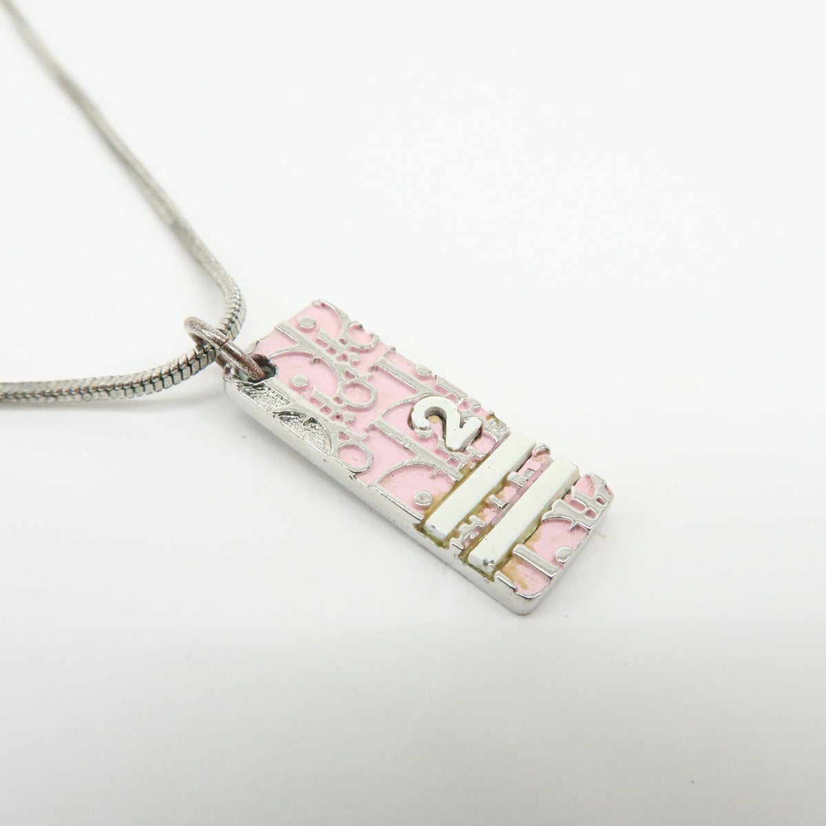 Christian Dior Trotter Plate Metal Necklace Pink Silver White