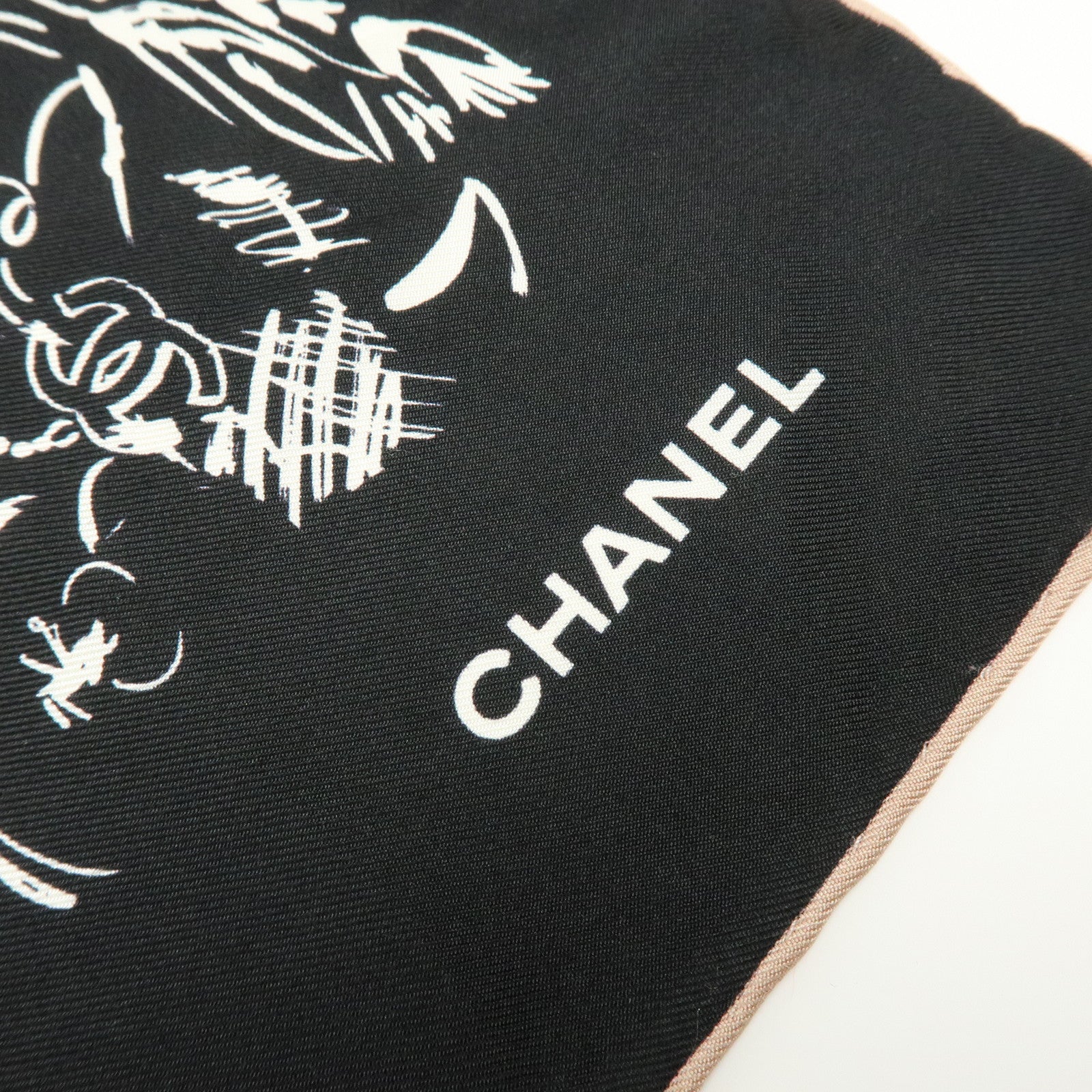CHANEL Silk 100% Scarf Iconographic Pattern Black White Pink