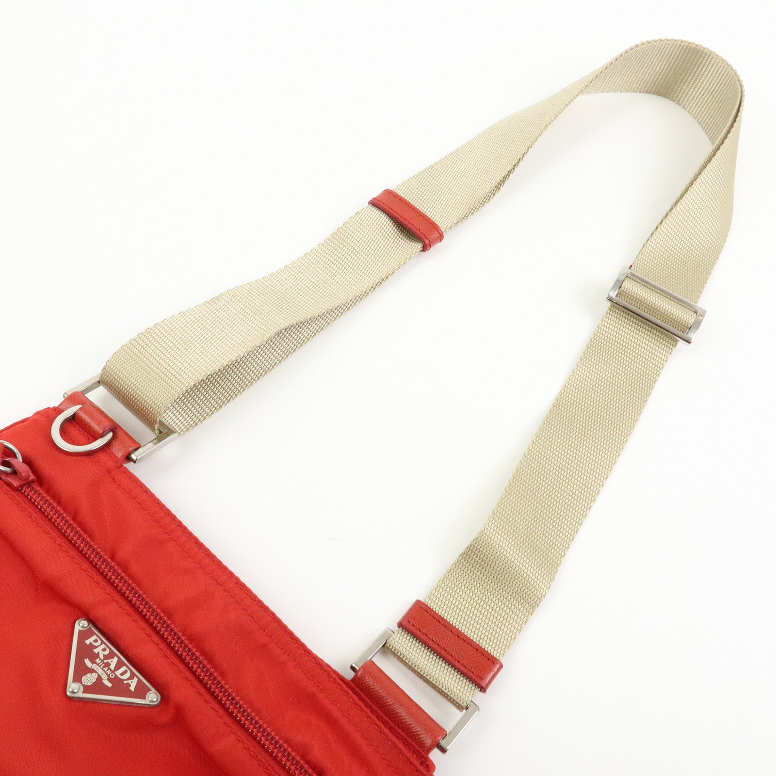 PRADA Triangle Logo Nylon Shoulder Bag Crossbody Bag Red Beige B7372