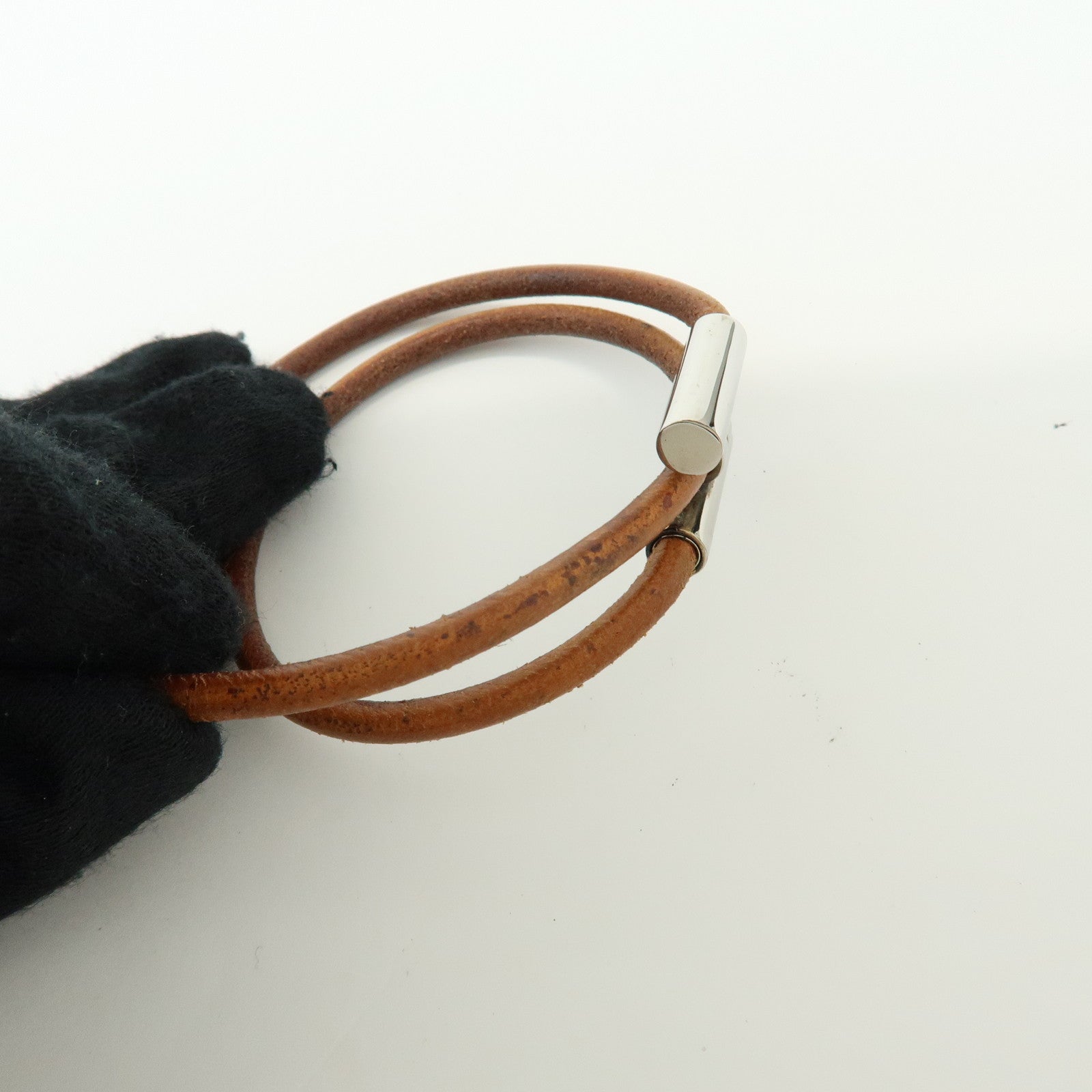 HERMES Leather Metal Tournis Tresse Bracelet Brown Silver