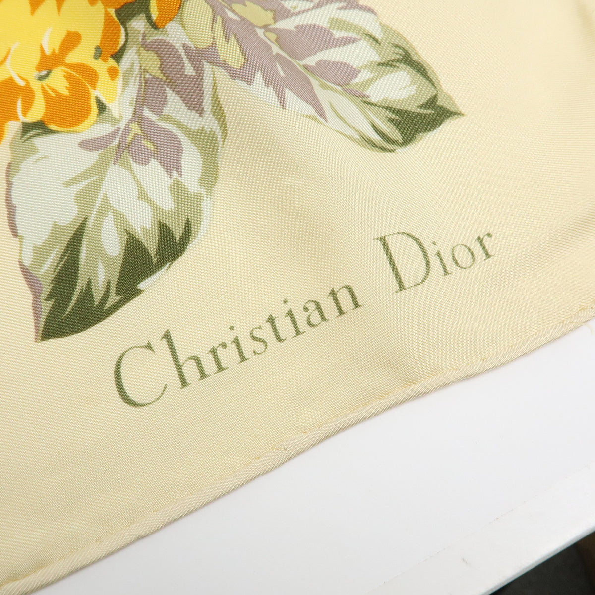 Christian Dior Silk 100% Scarf Hydrangea Print Beige Yellow Green