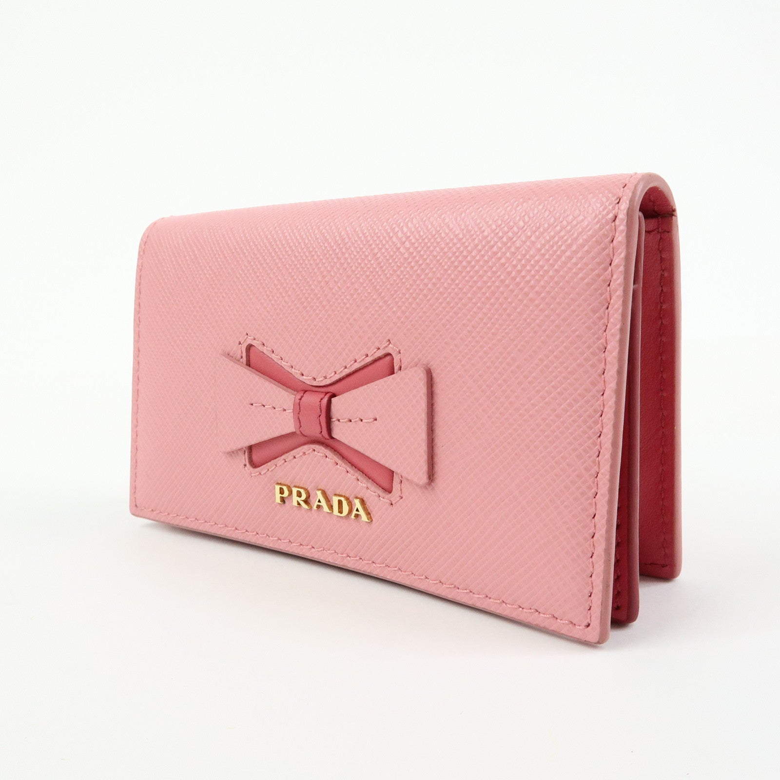 PRADA Ribbon Motif Saffiano Leather Card Case Card Holder Pink