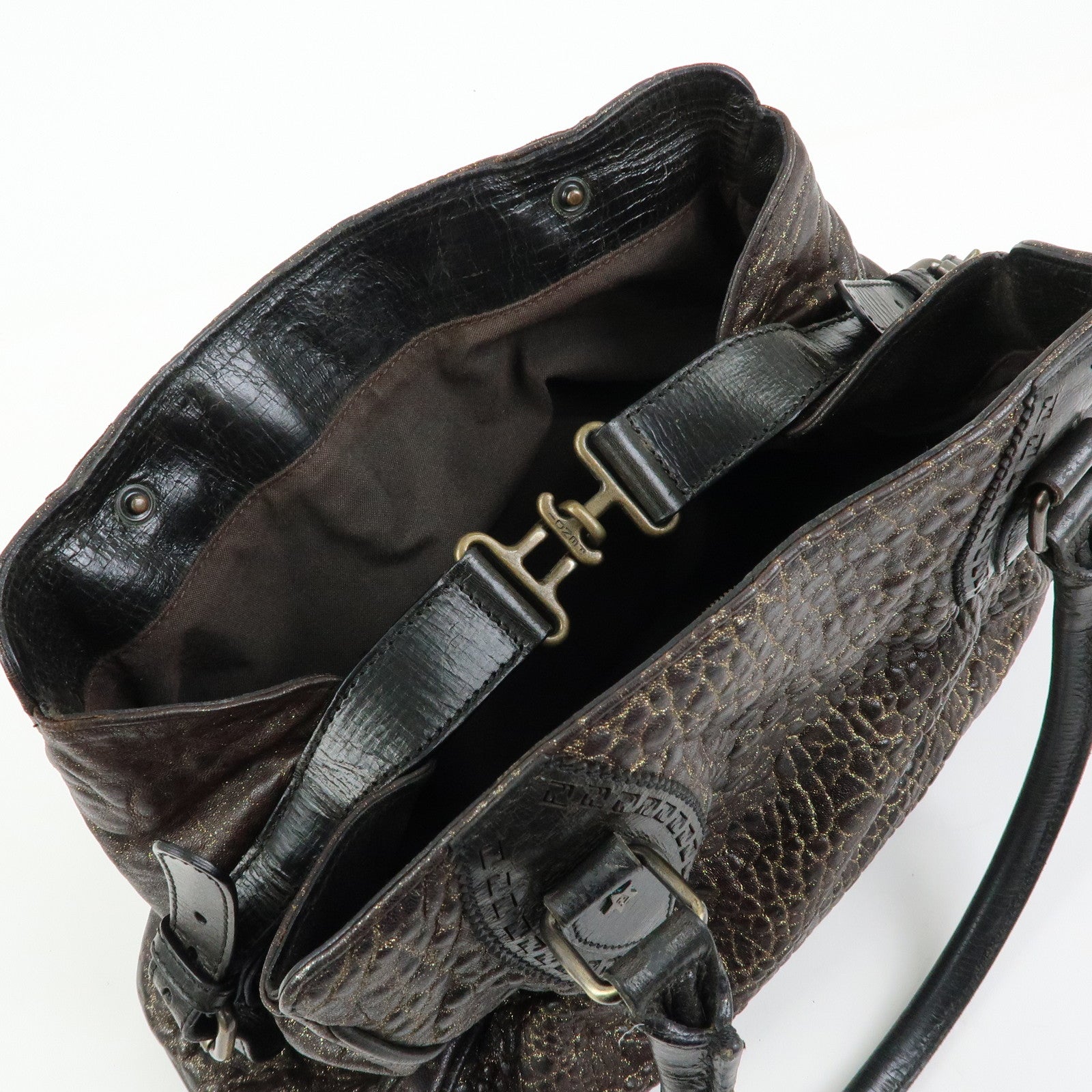 FENDI Etnico Embossed Leather Tote Bag Shoulder Bag Brown Gold 8BN162