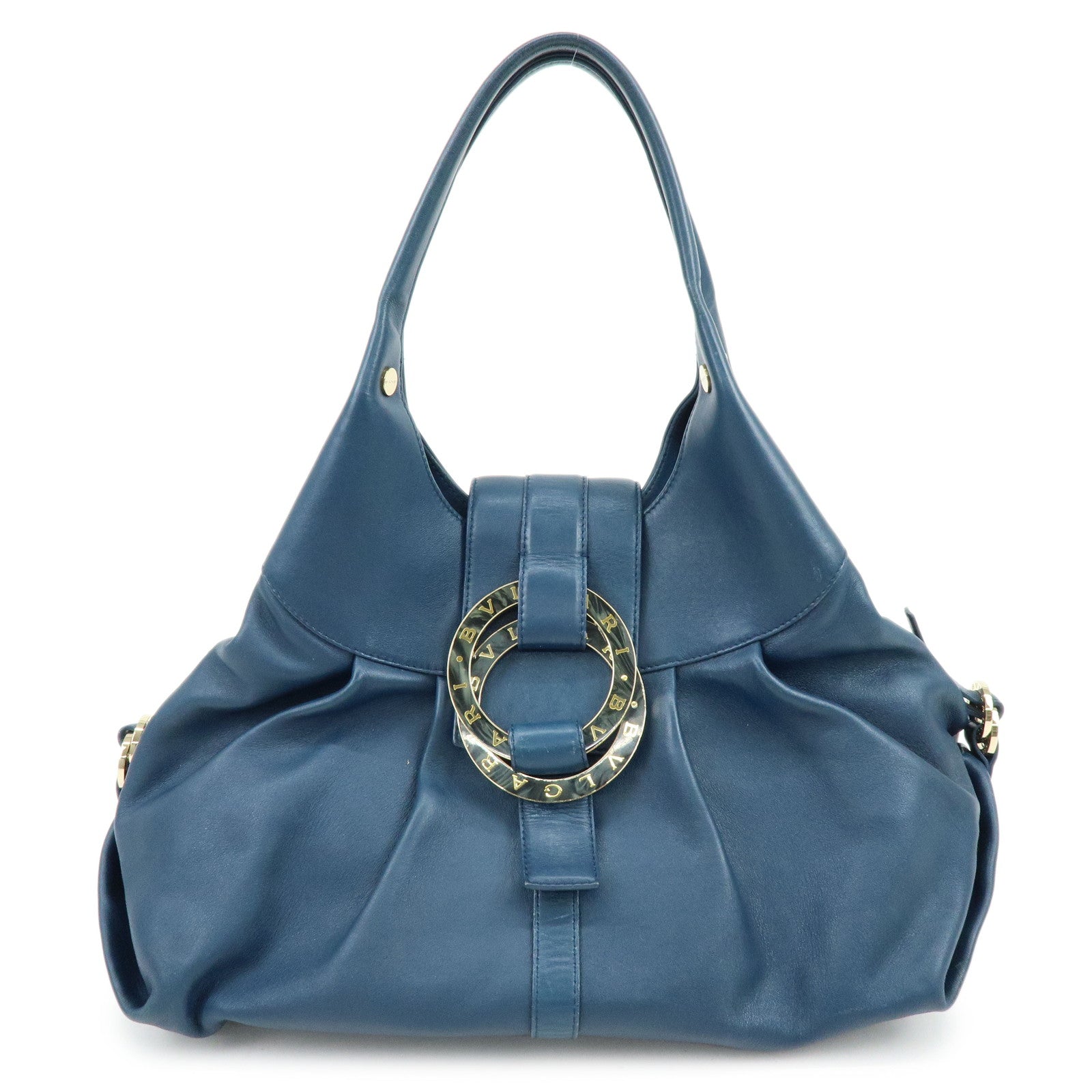BVLGARI Chandra Leather Shoulder Bag Double Circle Ring Turquoise Blue