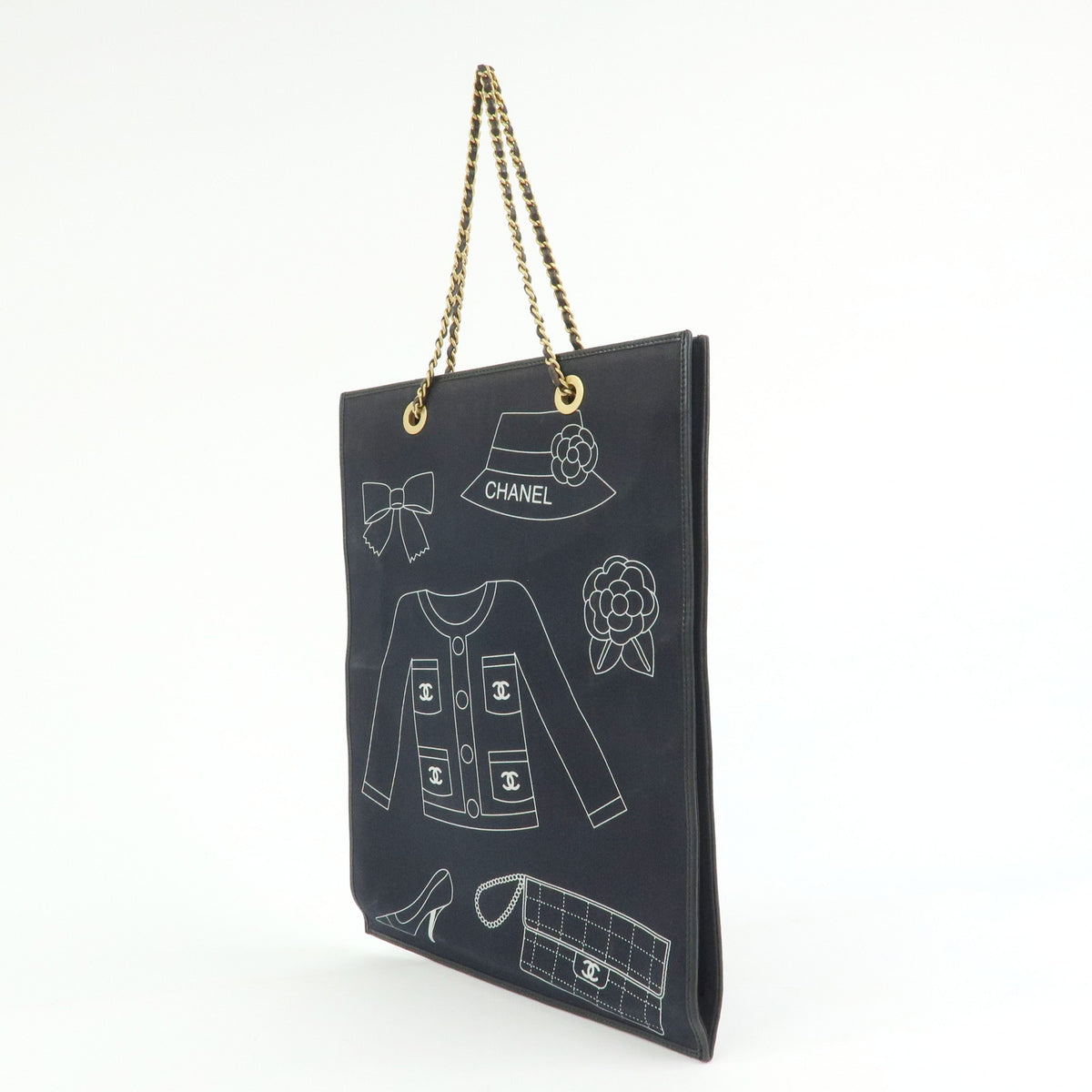 CHANEL Icon Line Canvas Leather Tote Bag Hand Bag Black