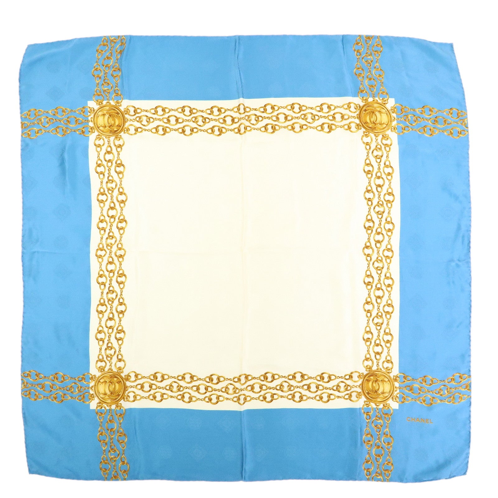 CHANEL Silk 100% Scarf  Gold Chain Motif Light Blue White
