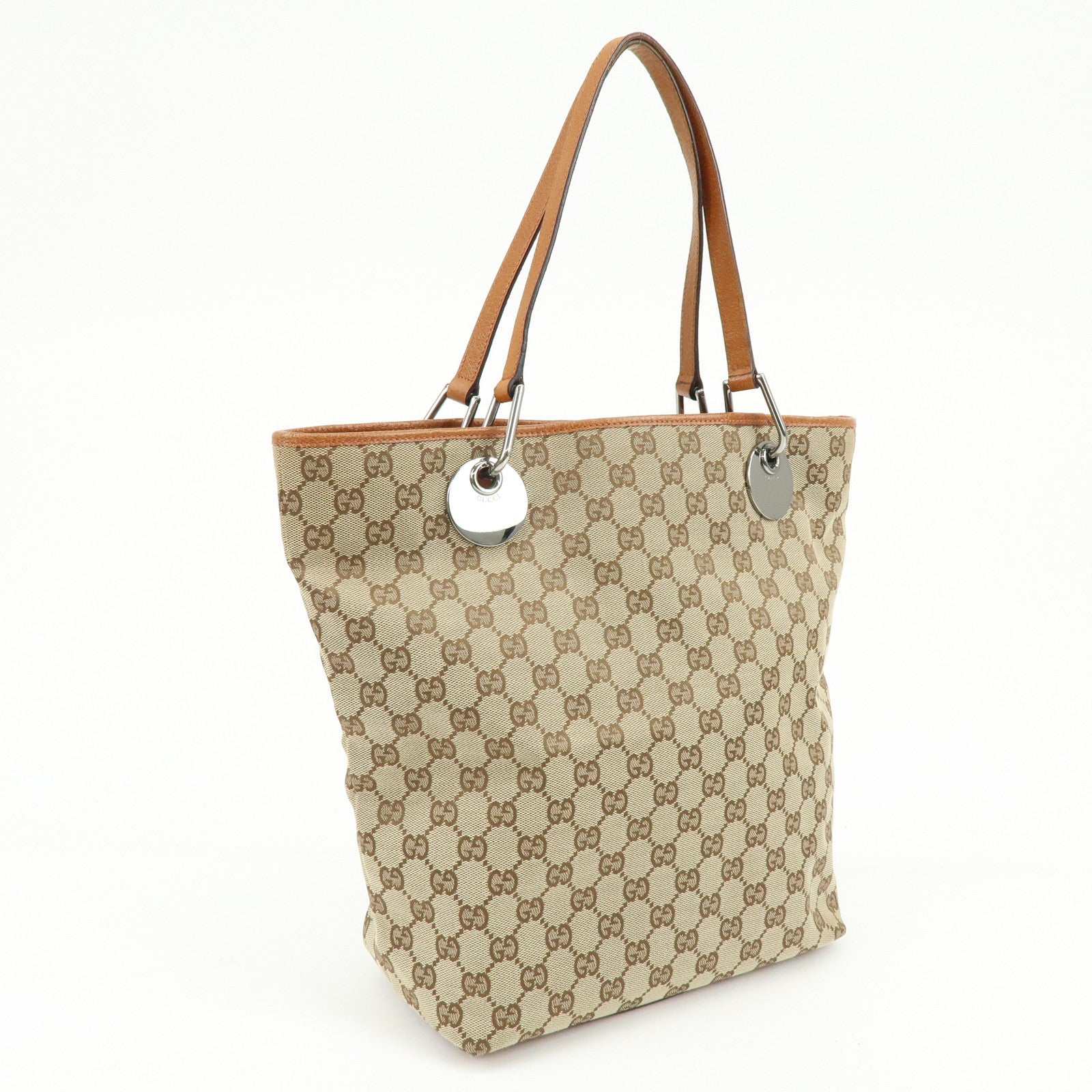 GUCCI GG Canvas Leather Tote Bag Shoulder Bag Beige Orange 120836