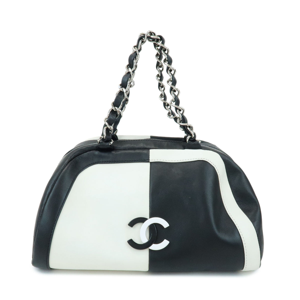 CHANEL COCO Mark Bicolor Lamb Skin Bowling Bag Hand Bag Black White