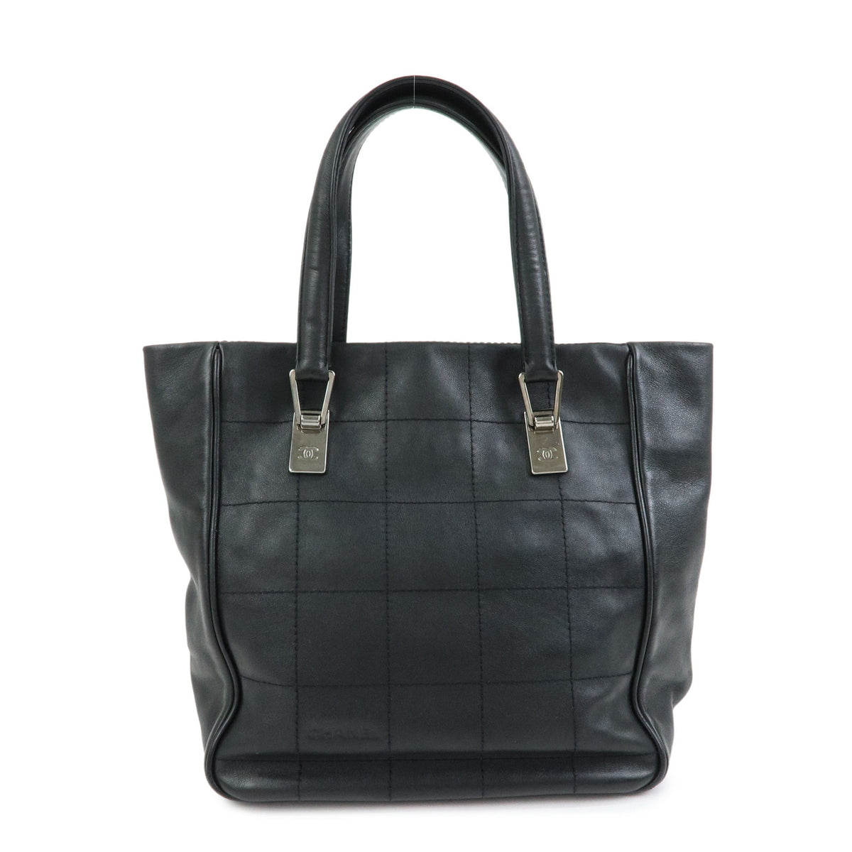 CHANEL Chocolate Bar COCO Mark Lamb Skin Hand Bag Tote Bag Black
