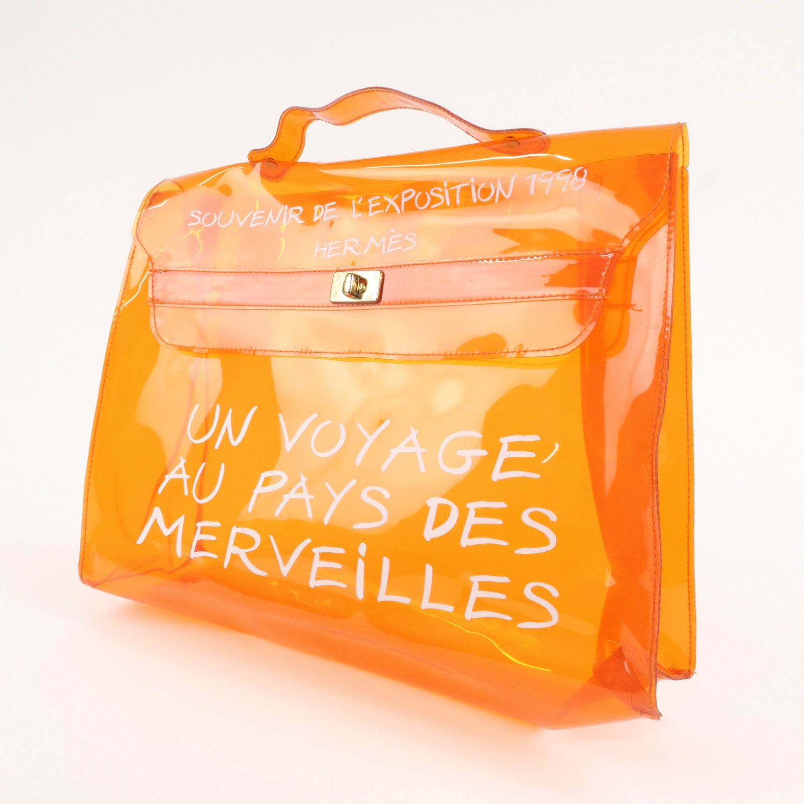 HERMES Vinyl Kelly Hand Bag Clear Orange Gold Hardware Used