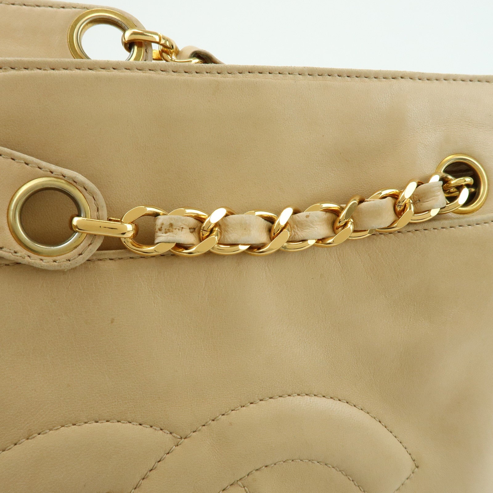 CHANEL COCO Mark Lamb Skin Chain Shoulder Bag Tote Bag Beige Gold