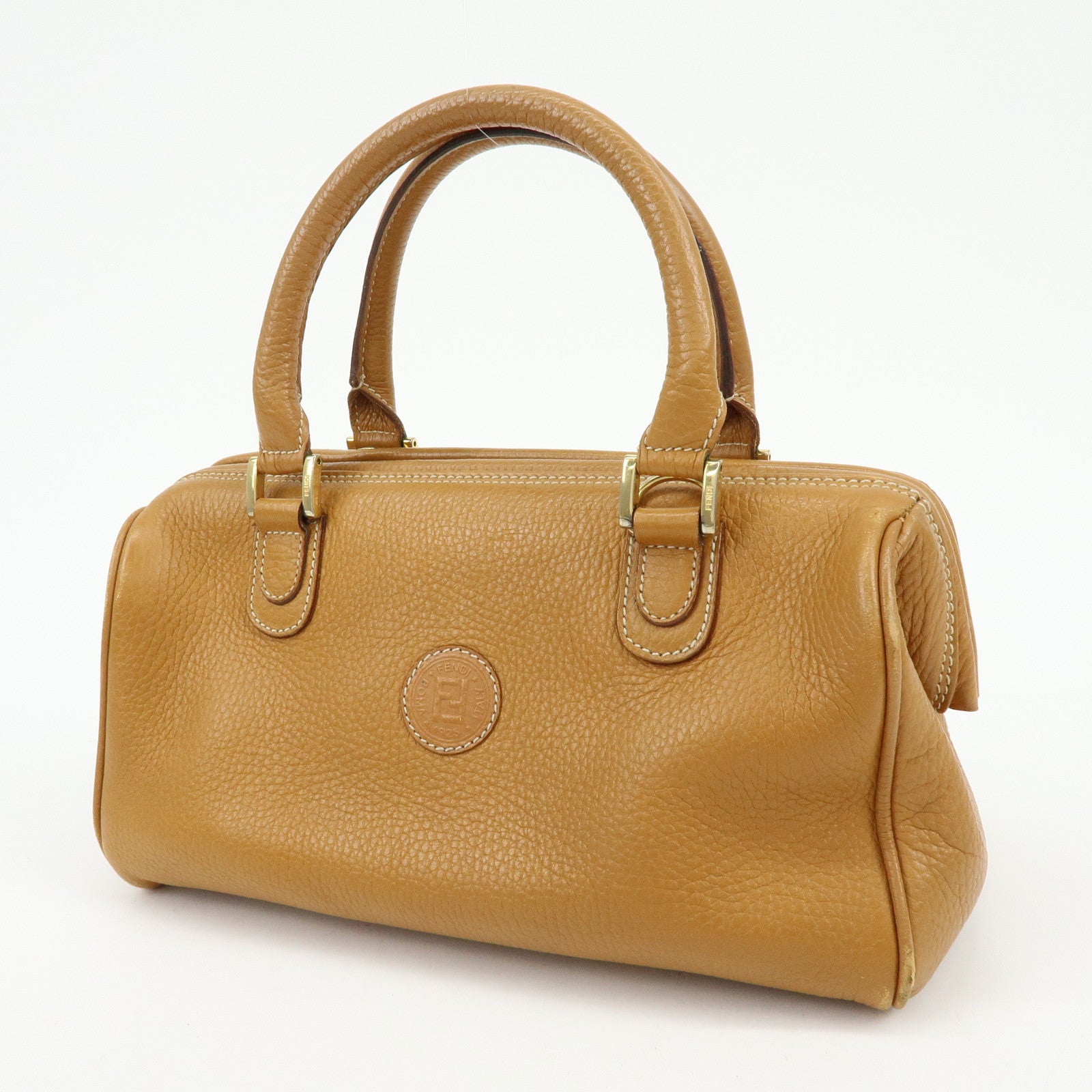 FENDI FF Logo Leather 2Way Bag Hand Bag Boston Bag Camel