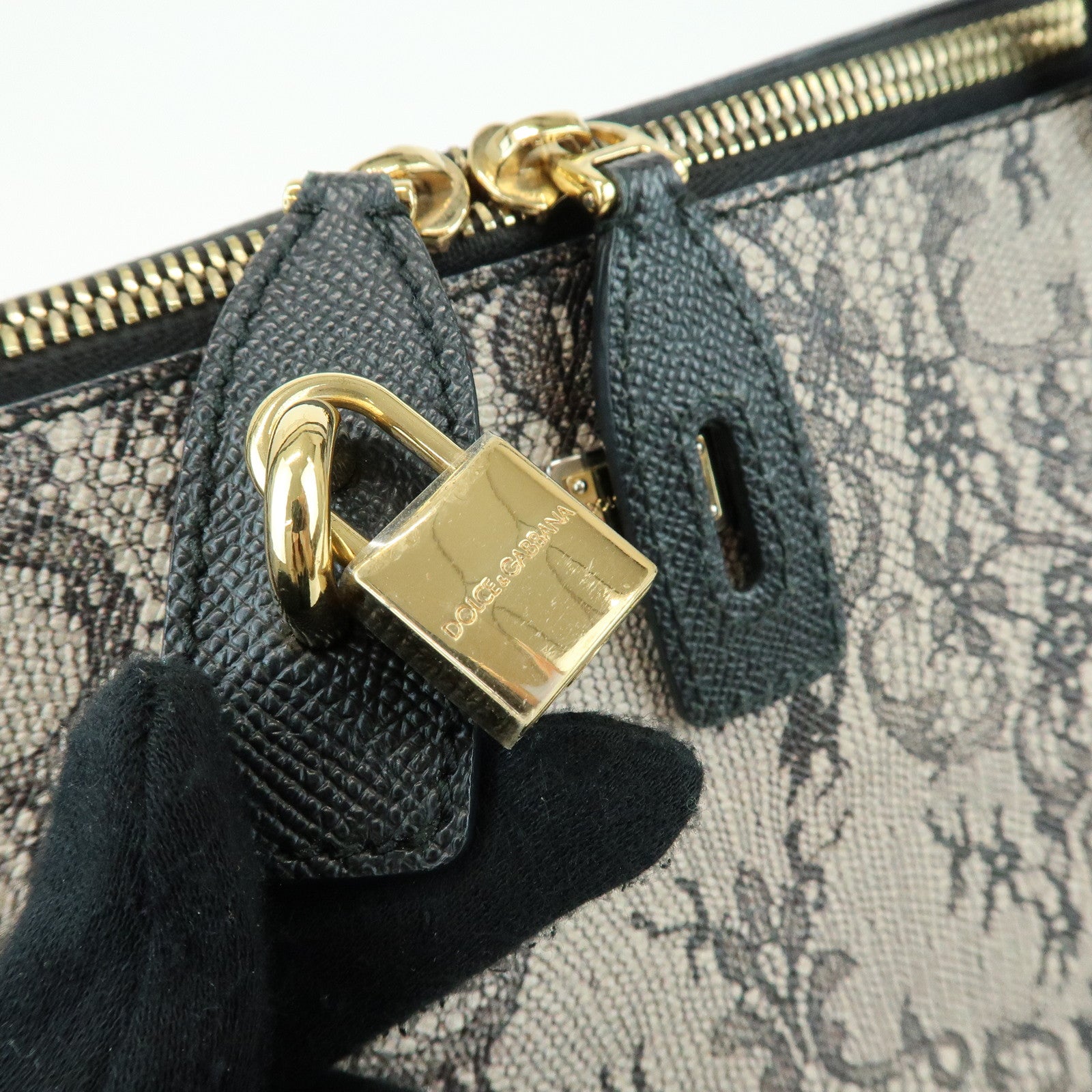 Dolce & Gabbana PVC Leather Tote Bag Shoulder Bag Lace Print Ivory