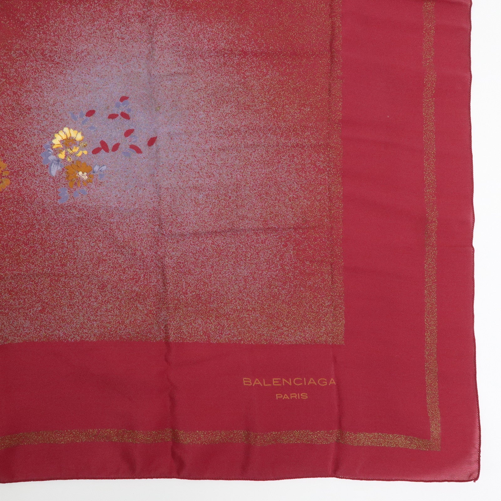 BALENCIAGA Silk 100% Scarf Floral Design Wine Red Yellow Blue