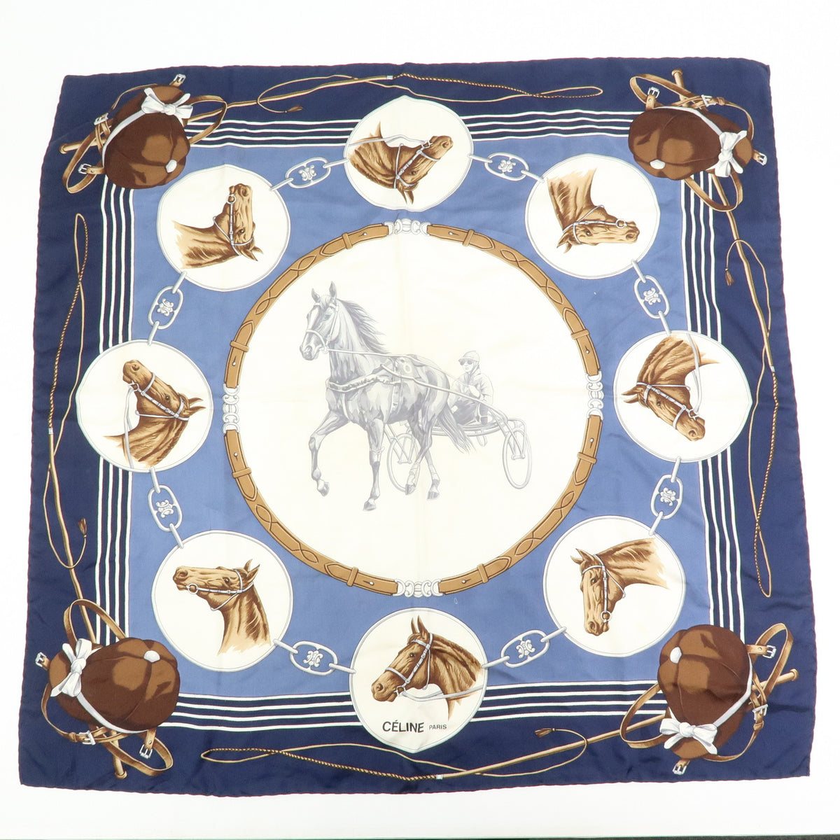 CELINE Lot of 2 Silk 100% Scarf Horse Motif Navy Black Gold White