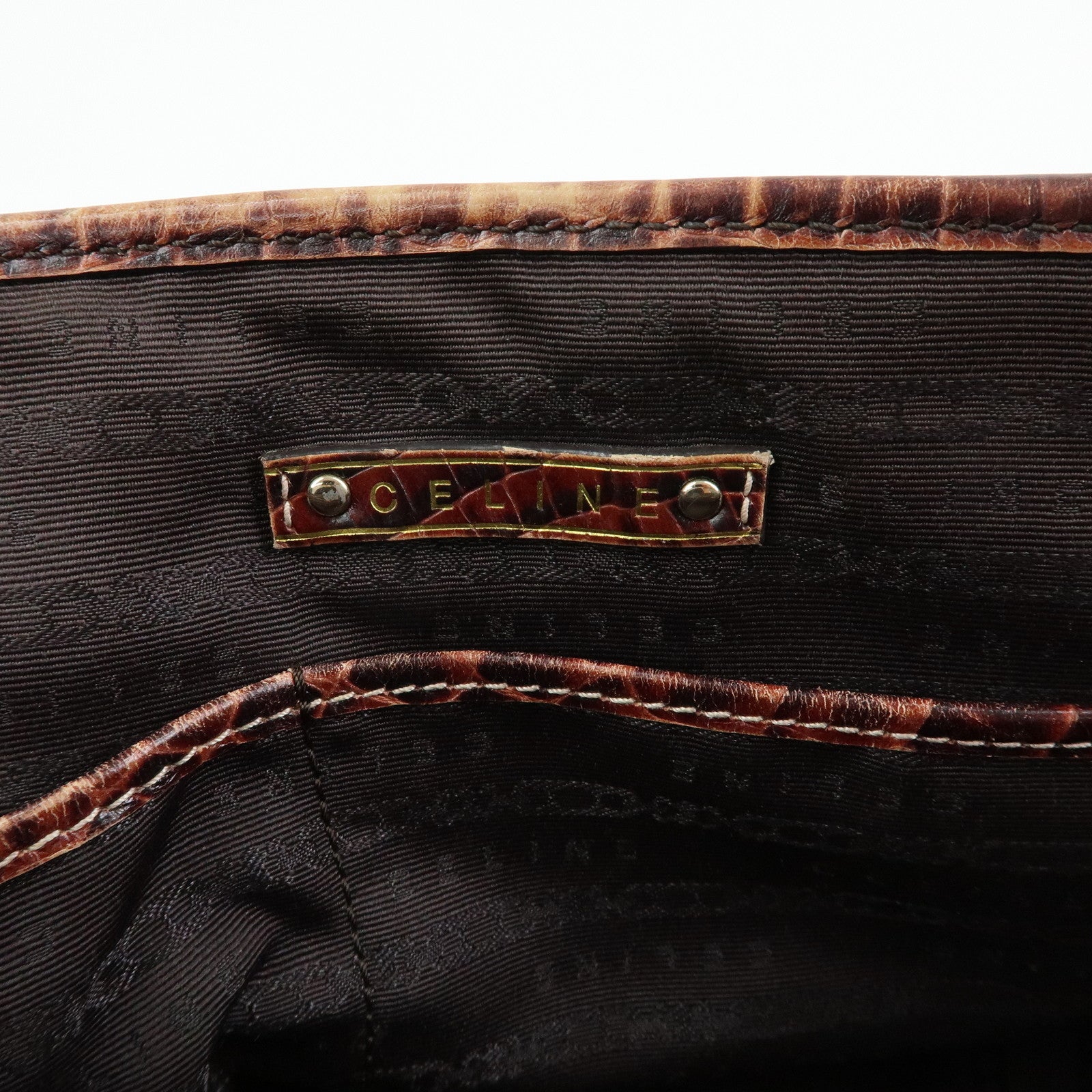 CELINE Boogie Bag Canvas Embossed Leather Hand Bag Tote Bag Brown