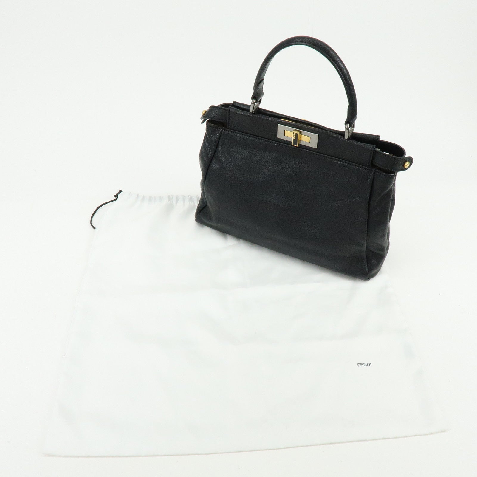 FENDI Peekaboo Leather 2Way Shoulder Bag Hand Bag Black 8BN226
