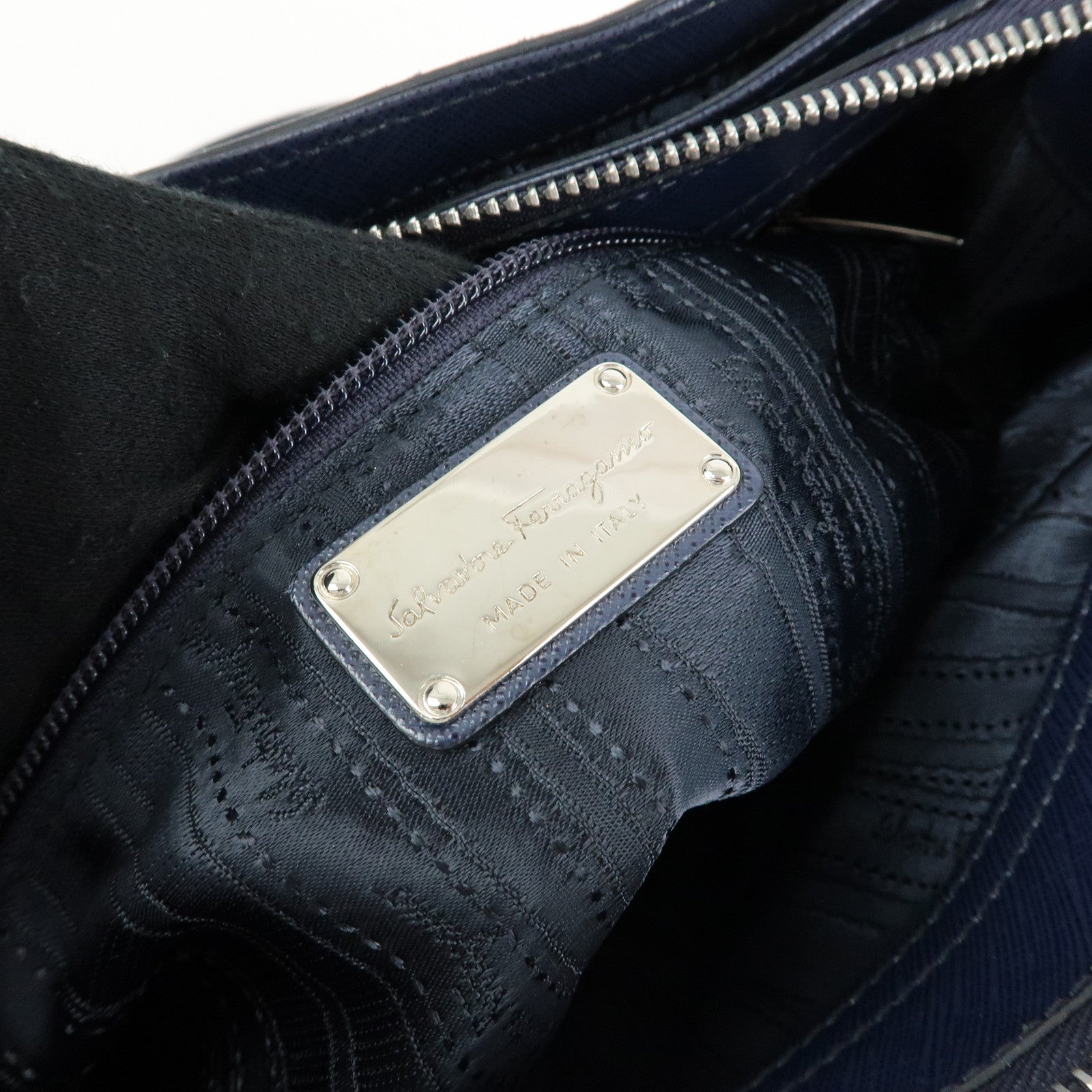 Ferragamo Gancini Canvas Leather 2Way Bag Hand Bag Navy