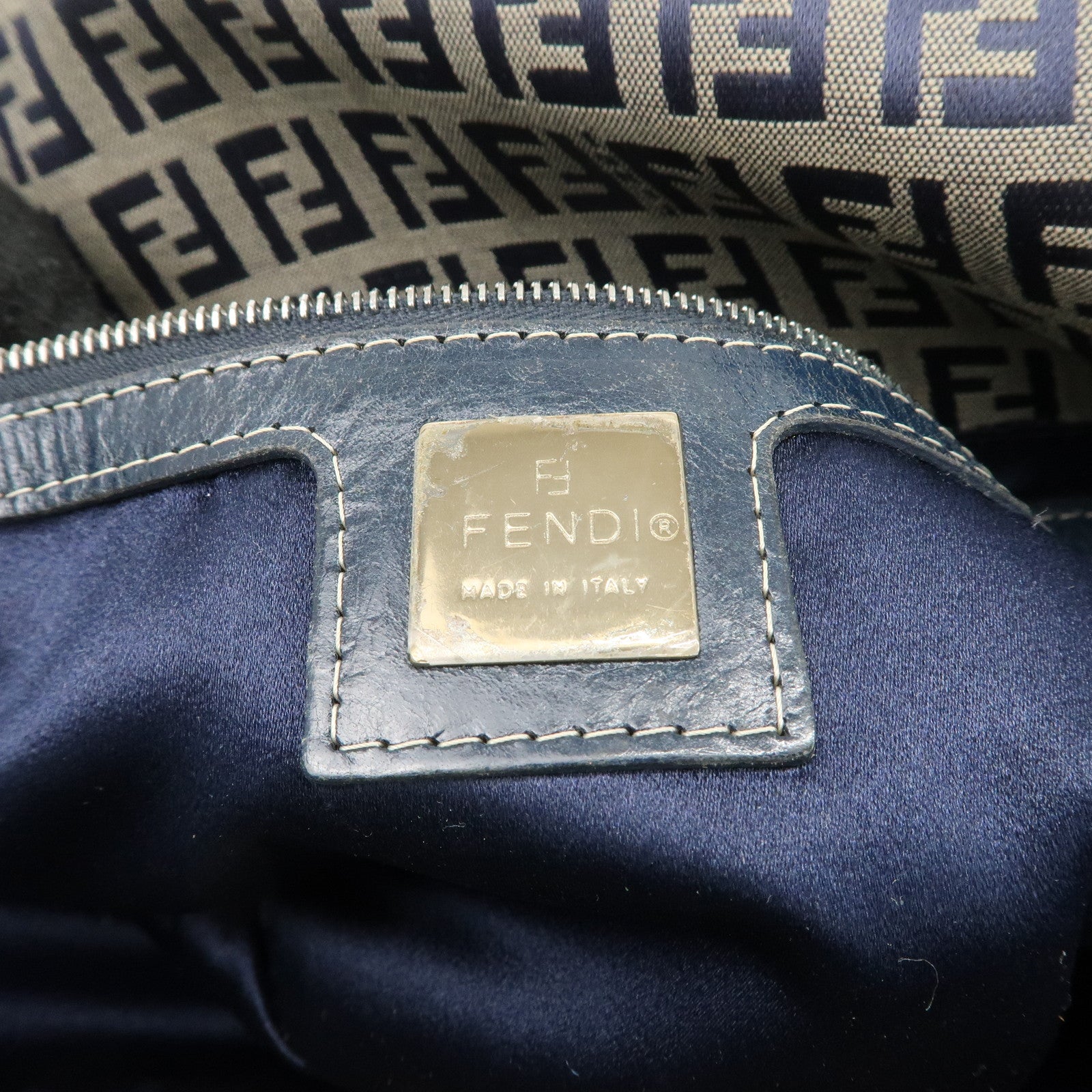 FENDI Zucchino Canvas Leather Shoulder Bag Hand Bag Grey Navy 26796 Used