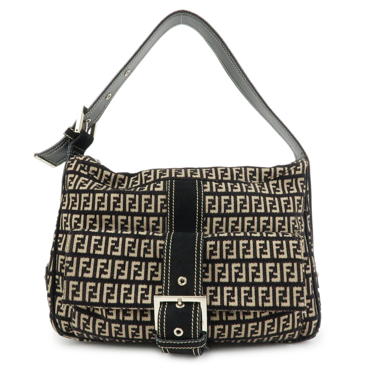 FENDI Zucchino Jacquard Canvas Suede Leather Shoulder Bag Black 8BR098