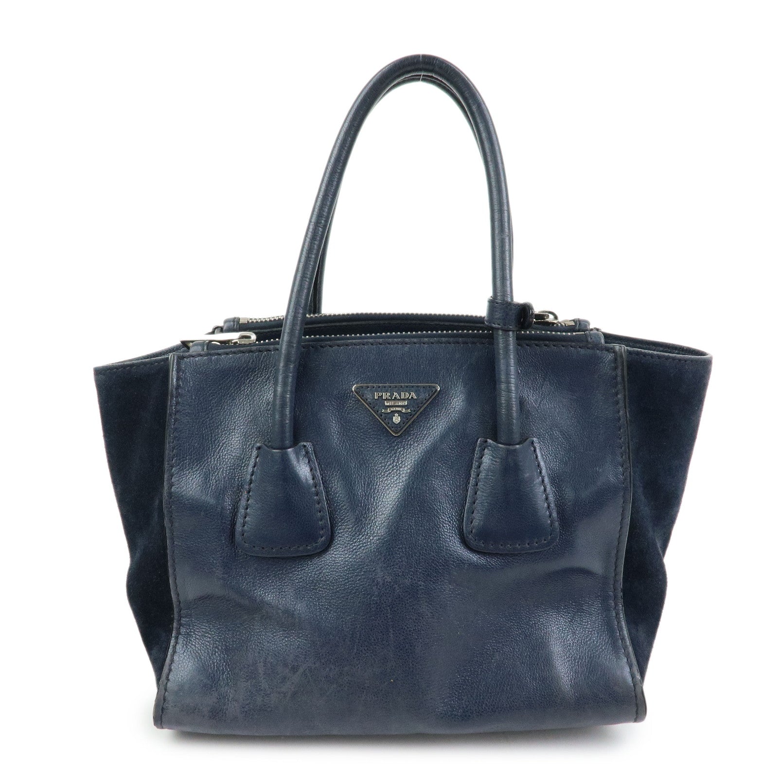 PRADA Triangle Logo Leather 2Way Bag Tote Bag Hand Bag Navy B2625M