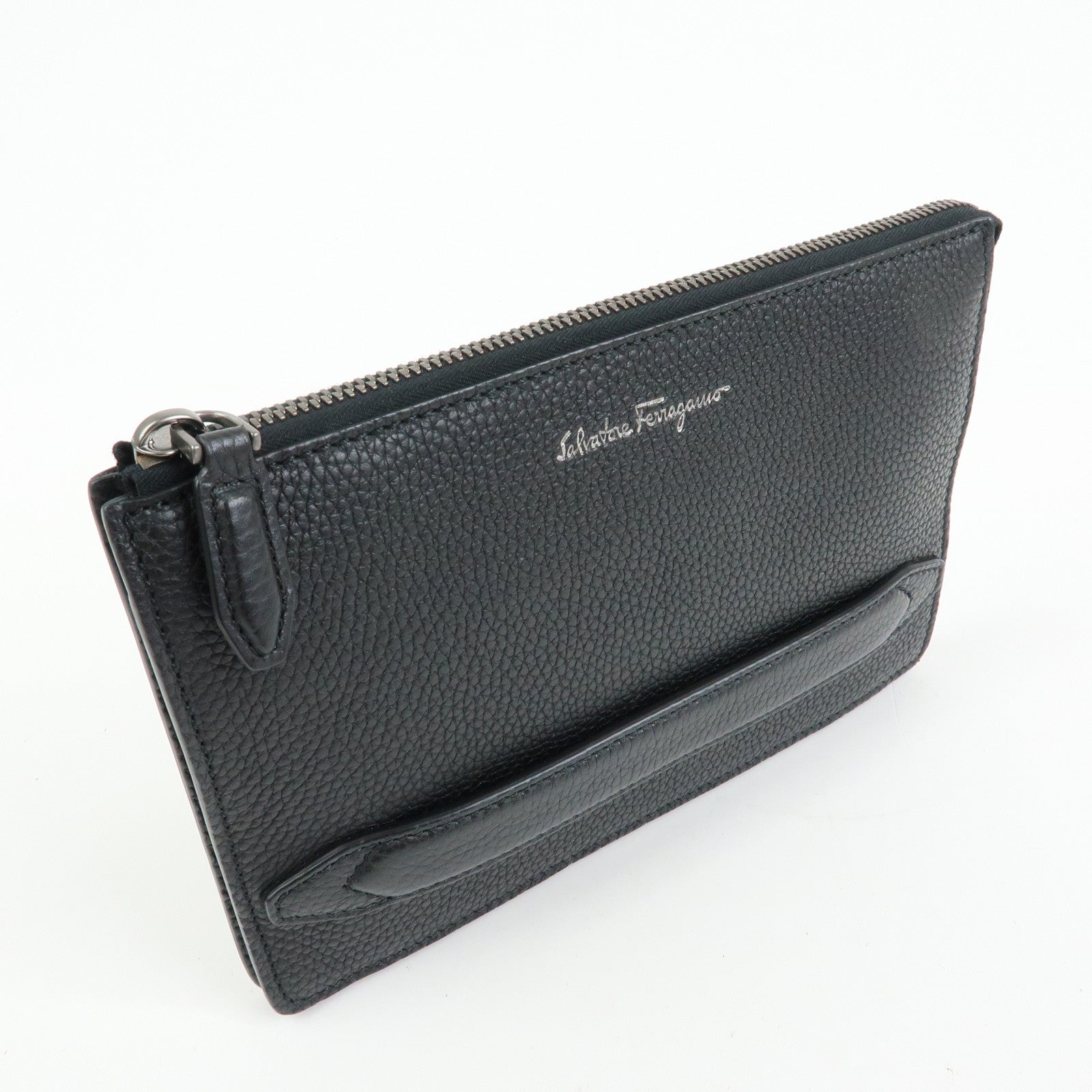 Ferragamo Leather Clutch Bag Flat Pouch Purse Black