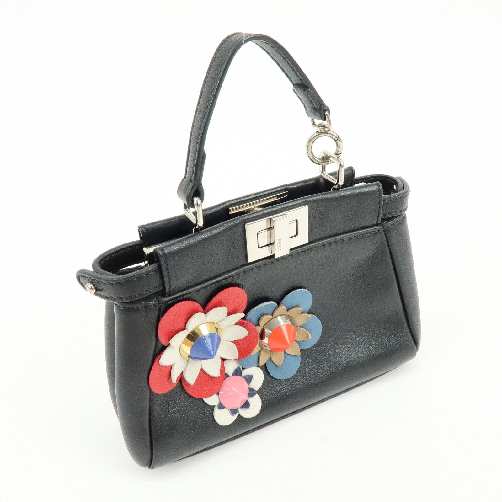FENDI Micro Peekaboo Leather Flower Motif 2Way Hand Bag Black 8M0355