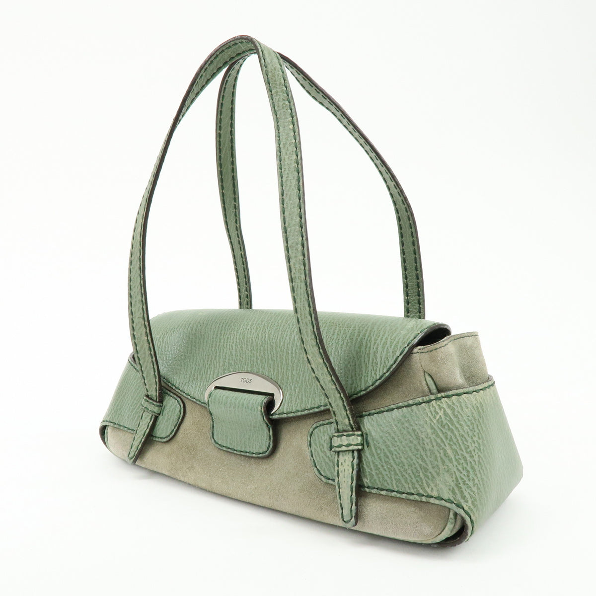 TOD'S Logo Suede Embossed Leather Hand Bag Shoulder Bag Sage Green
