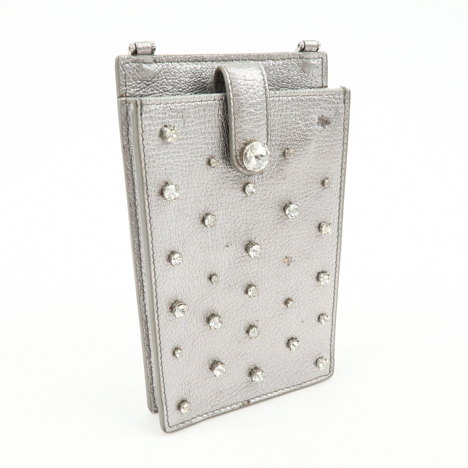 MIU MIU Madras Leather Studs Shoulder Bag Crossbody Phone Pouch Silver