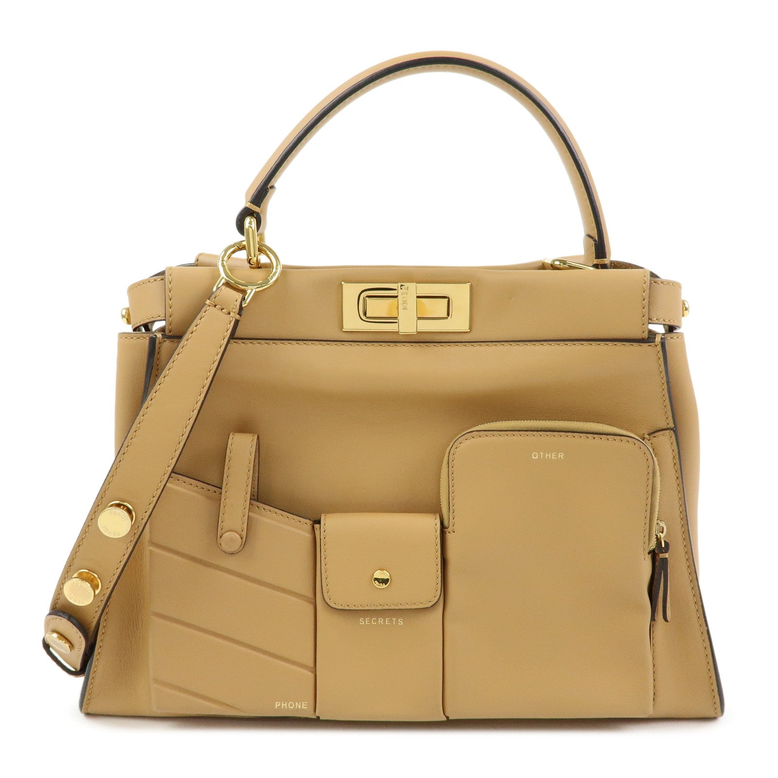 FENDI Peekaboo Leather Iconic Utility 2Way Hand Bag Shoulder Bag Beige