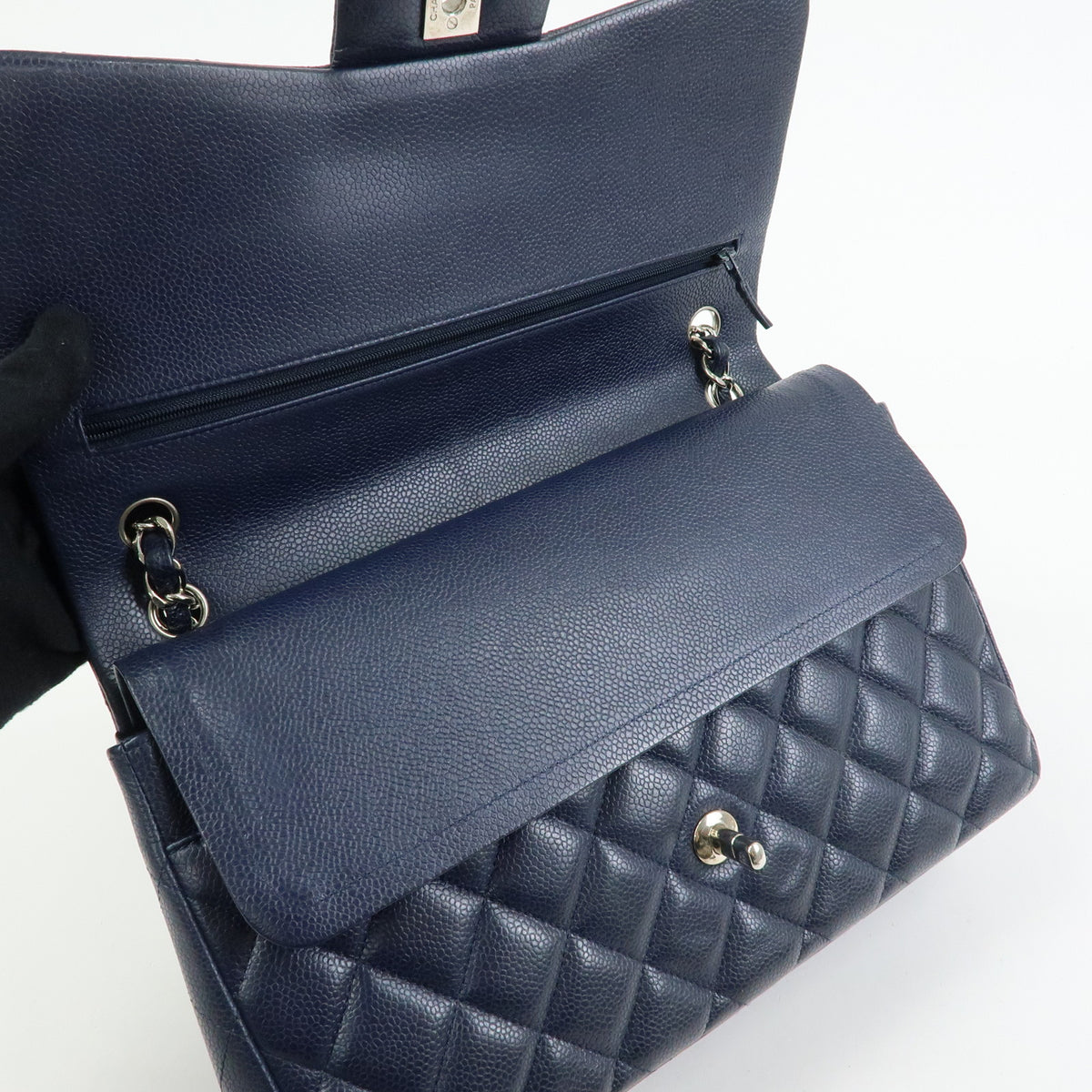 CHANEL Matelasse 30 Caviarskin W Flap Chain Shoulder Bag Navy A58600