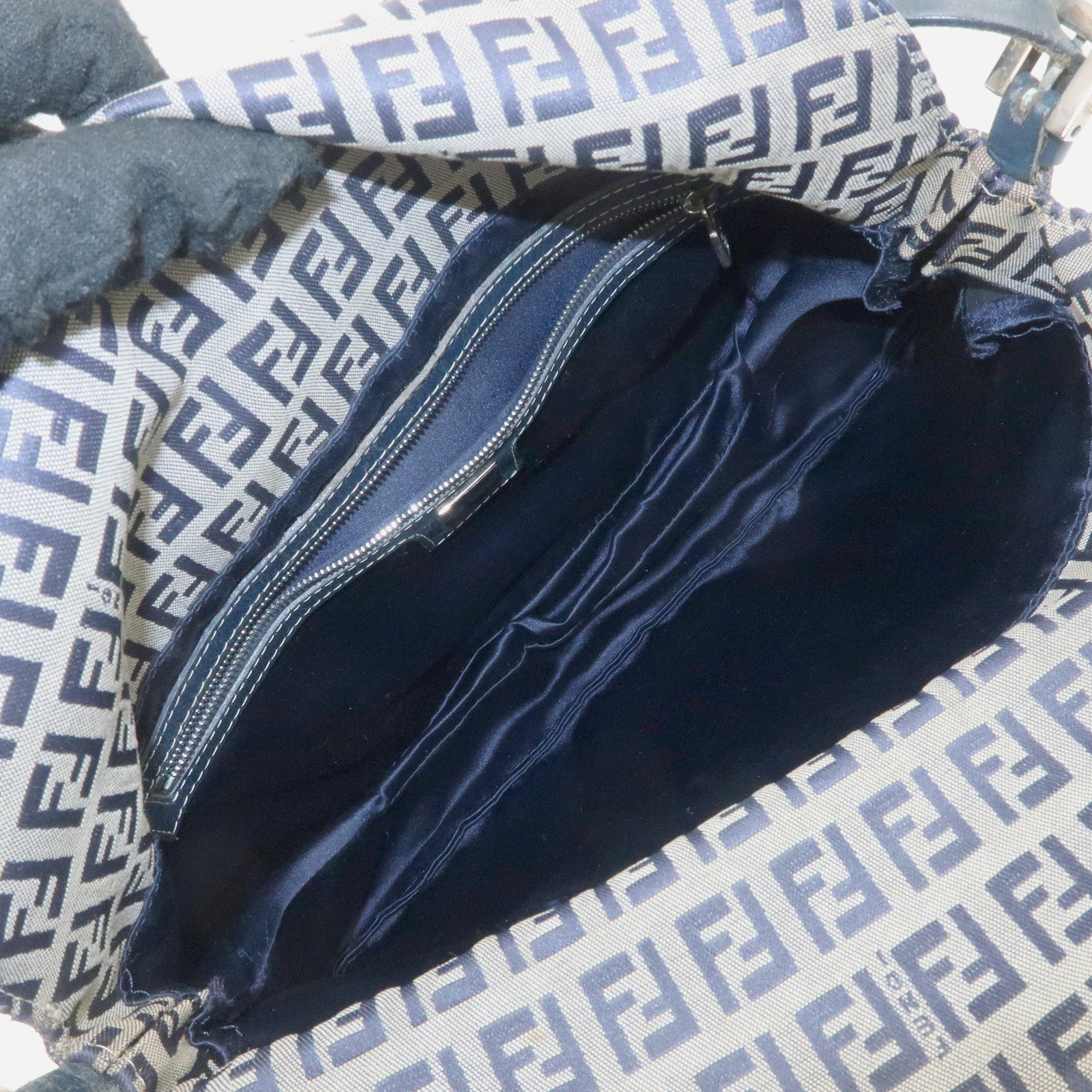 FENDI Zucchino Canvas Leather Shoulder Bag Hand Bag Grey Navy 26796 Used
