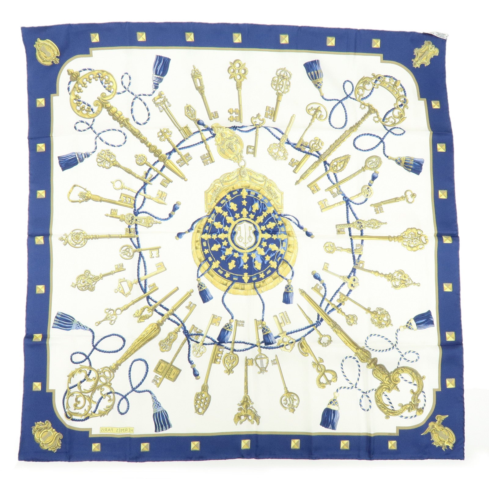 HERMES Carre 90 Silk 100% Scarf Les Cles Key Print Navy White Gold