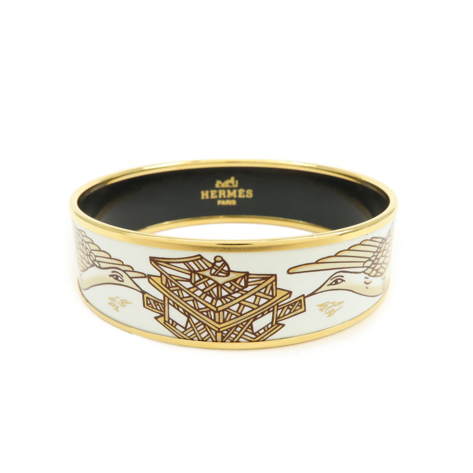 HERMES Email GM Gold Plated Bangle Bracelet Bird White Gold