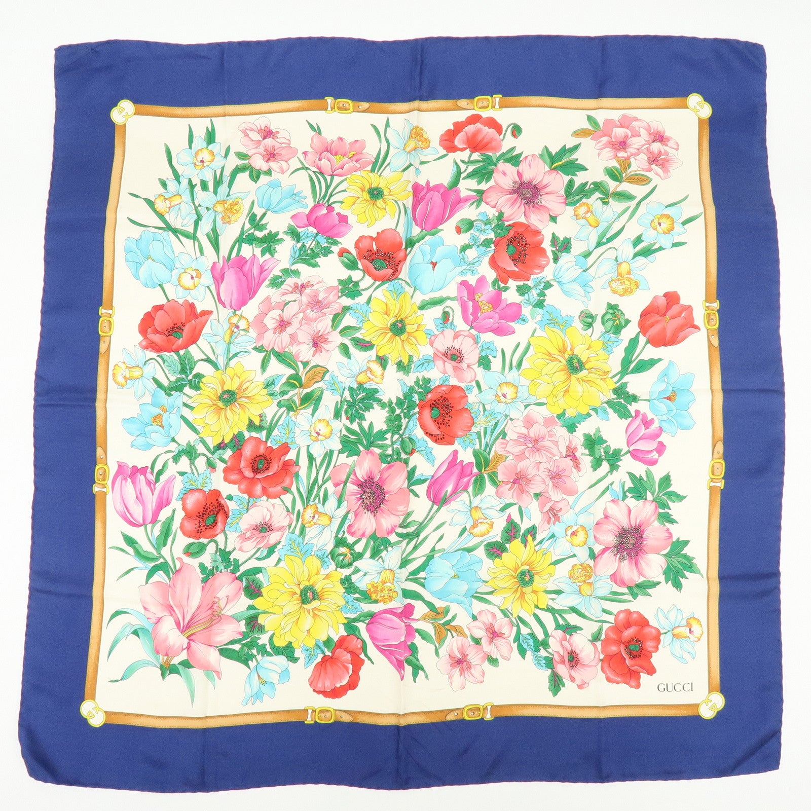 GUCCI Set of 2 Silk 100% Scarf Flower Mushroom Motif Green Navy