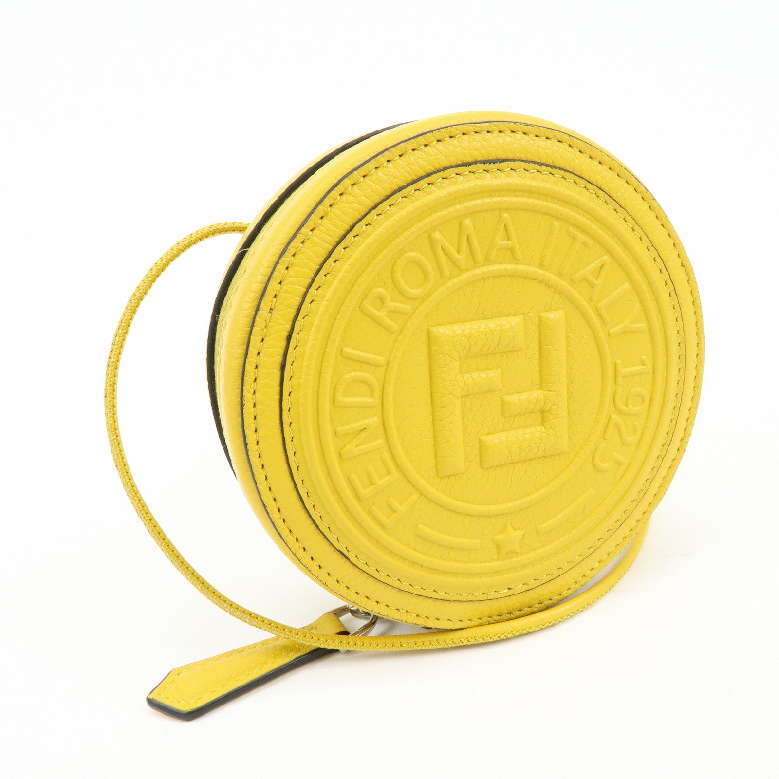 FENDI FF Logo Leather Round Zip Shoulder Bag Yellow 7M0359