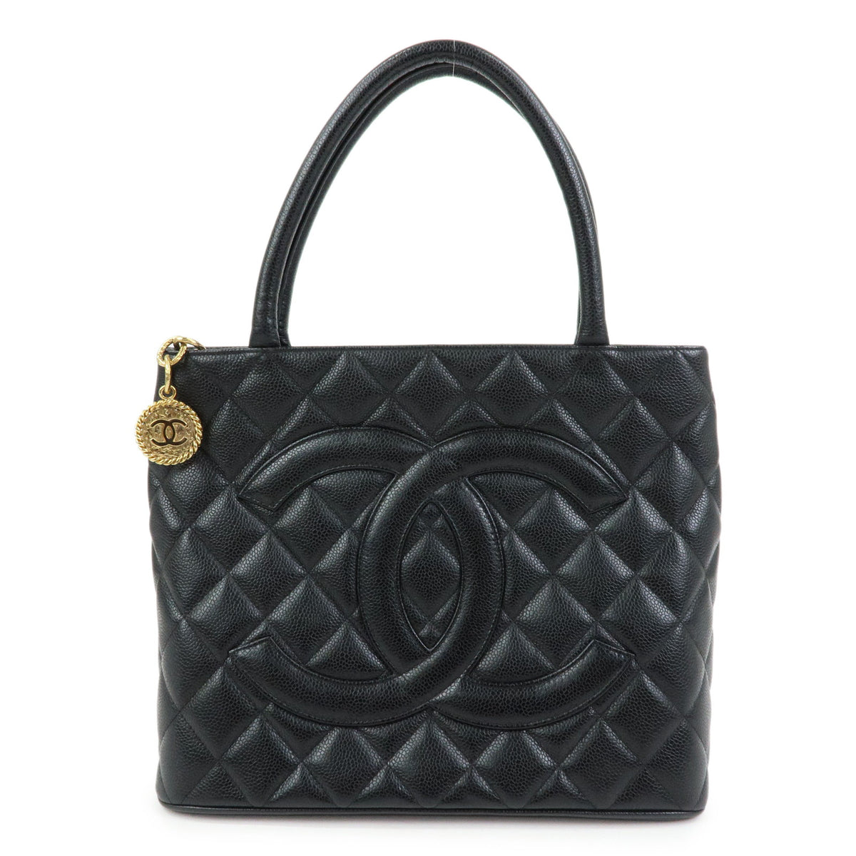 CHANEL Matelasse COCO Mark Caviarskin Medallion Tote Bag Black A01804