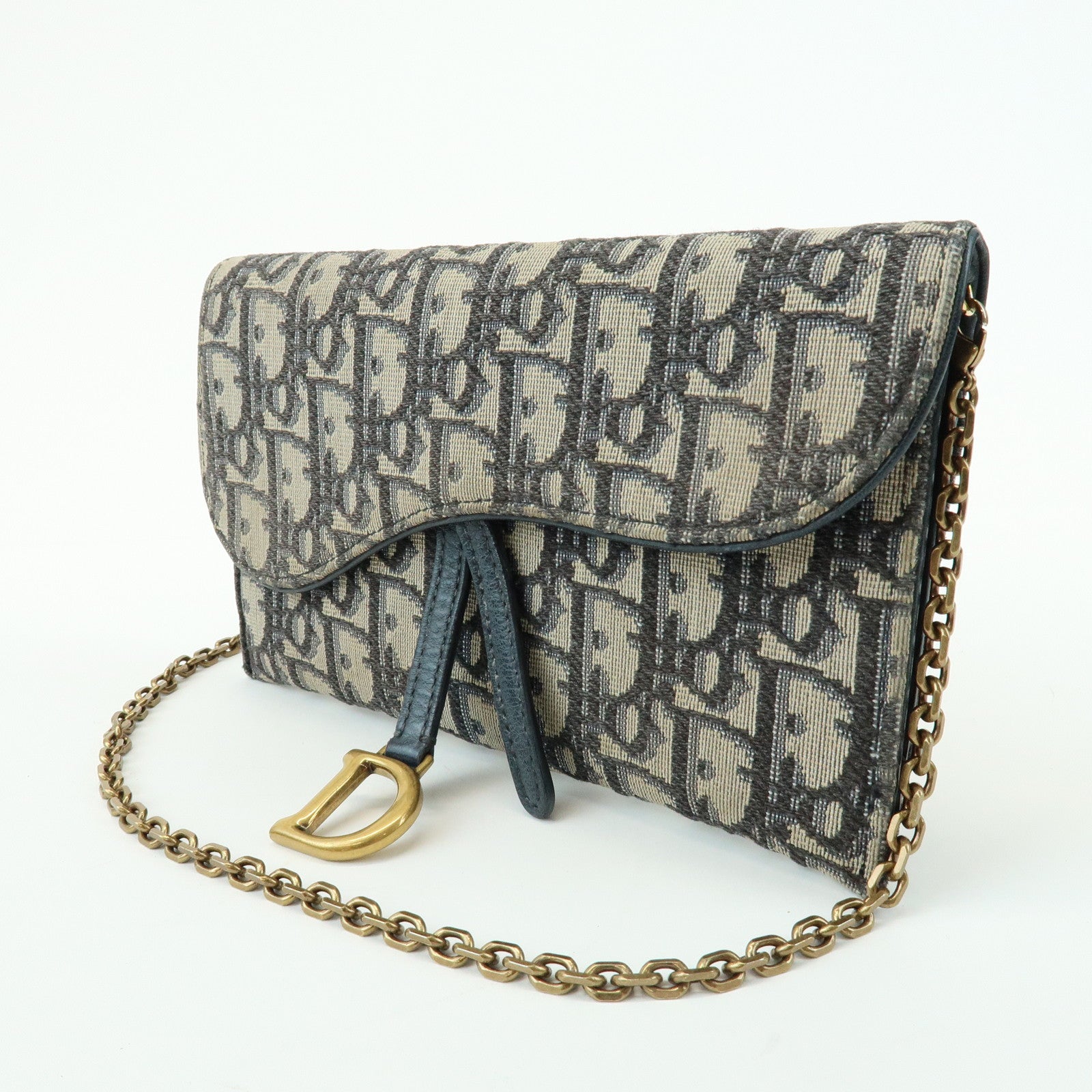 Christian Dior Oblique Saddle Canvas Leather Chain Wallet WOC Navy