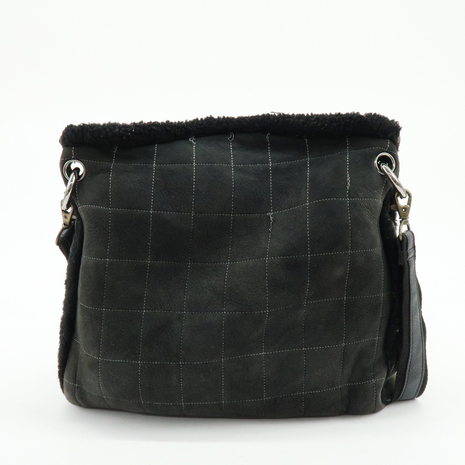 CHANEL Mouton Fur Leather Shoulder Bag with Strap Set Black