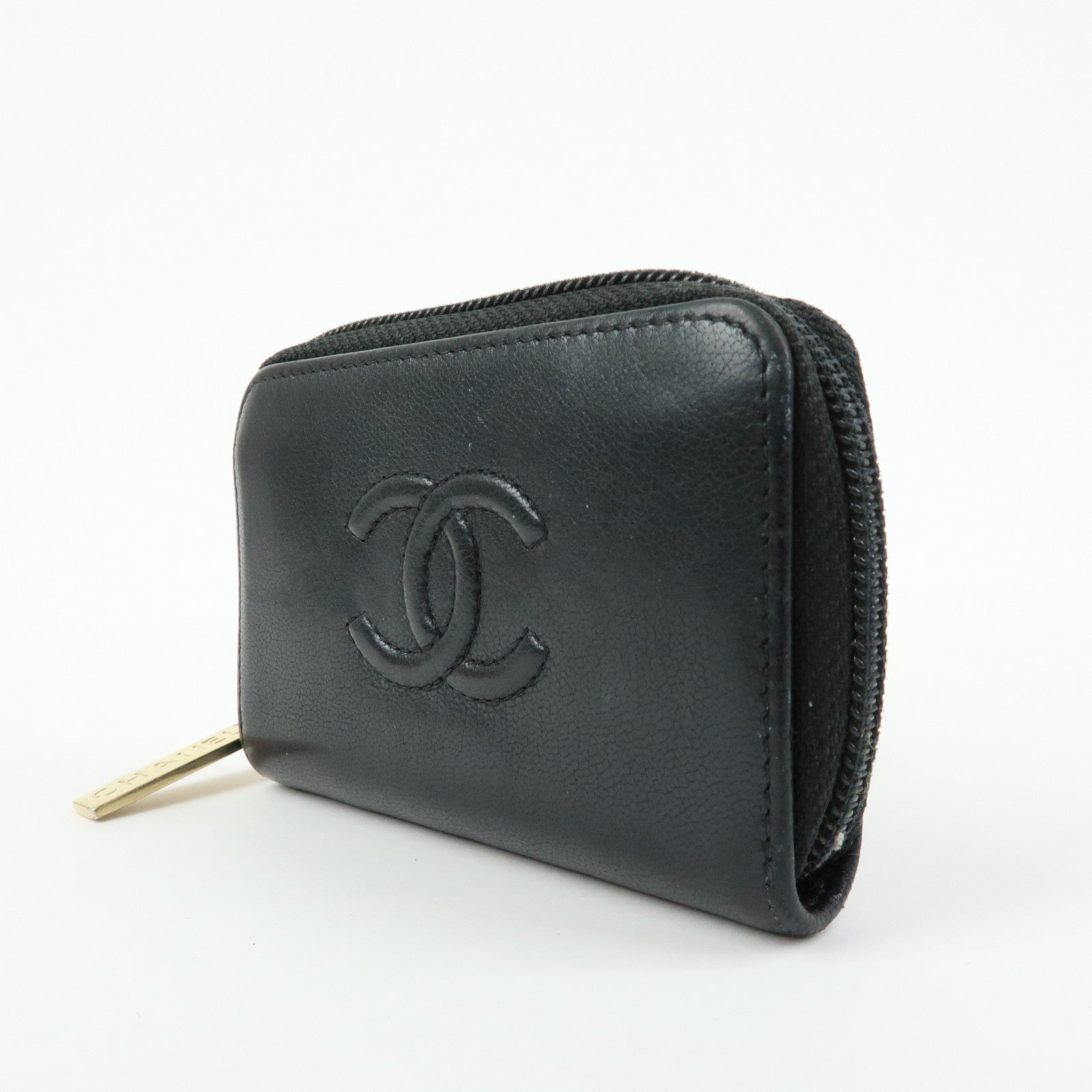 CHANEL COCO Mark Calf Skin Round Zippy Compact Wallet Black