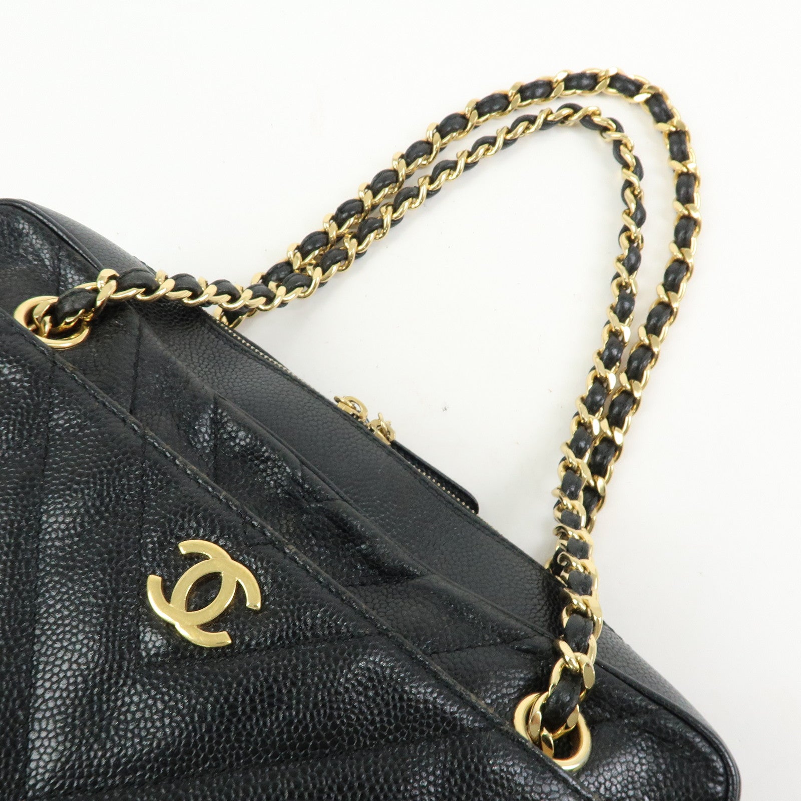 CHANEL Chevron COCO Mark Caviarskin Chain Shoulder Bag  Black