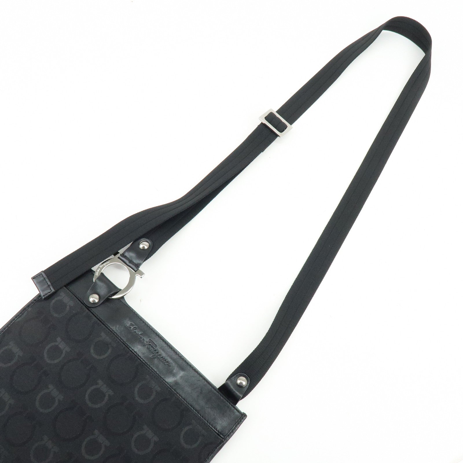 Ferragamo Gancini Canvas Leather Shoulder Bag Crossbody Bag Black
