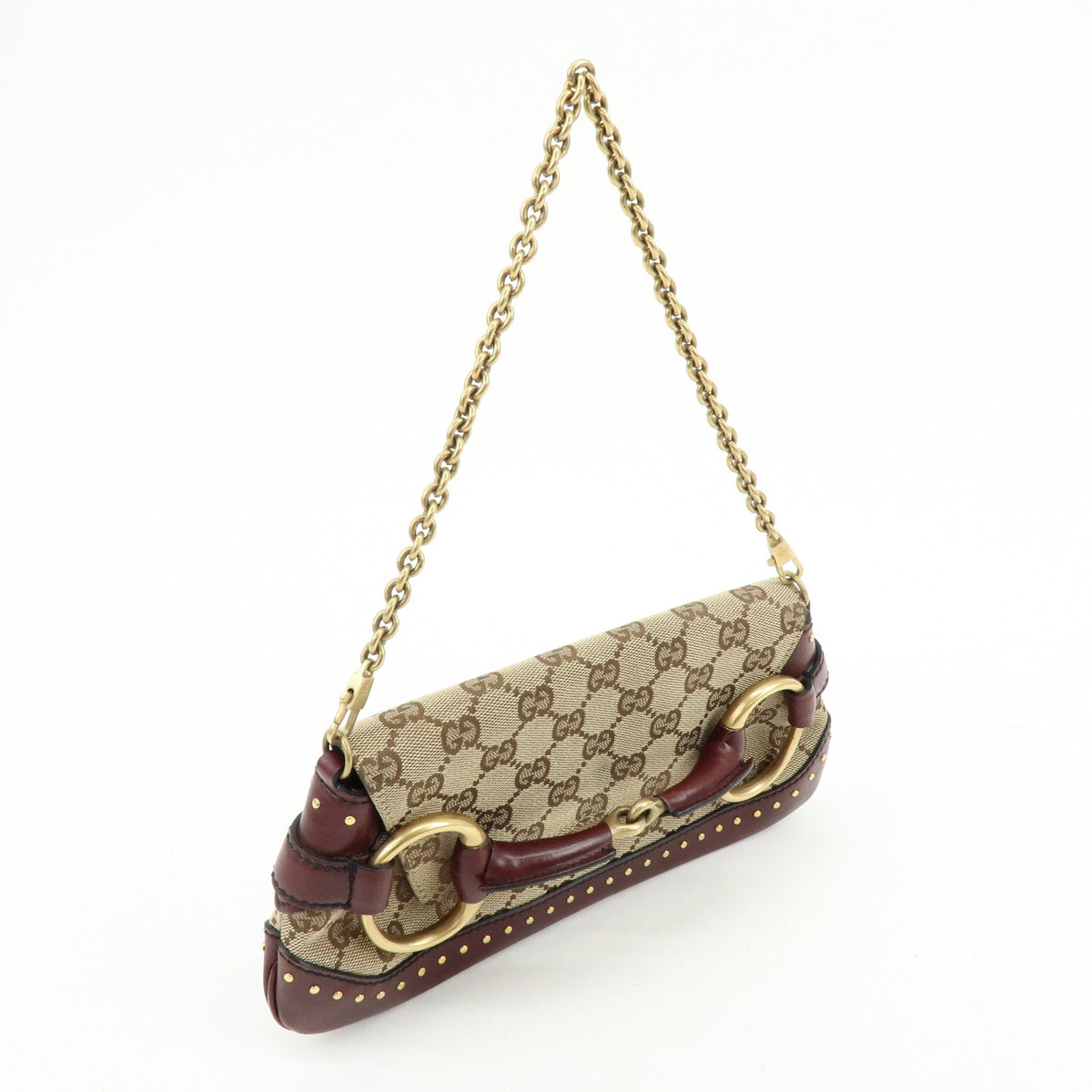 GUCCI Horsebit GG Canvas Leather Chain Hand Bag Brown Bordeaux 119186