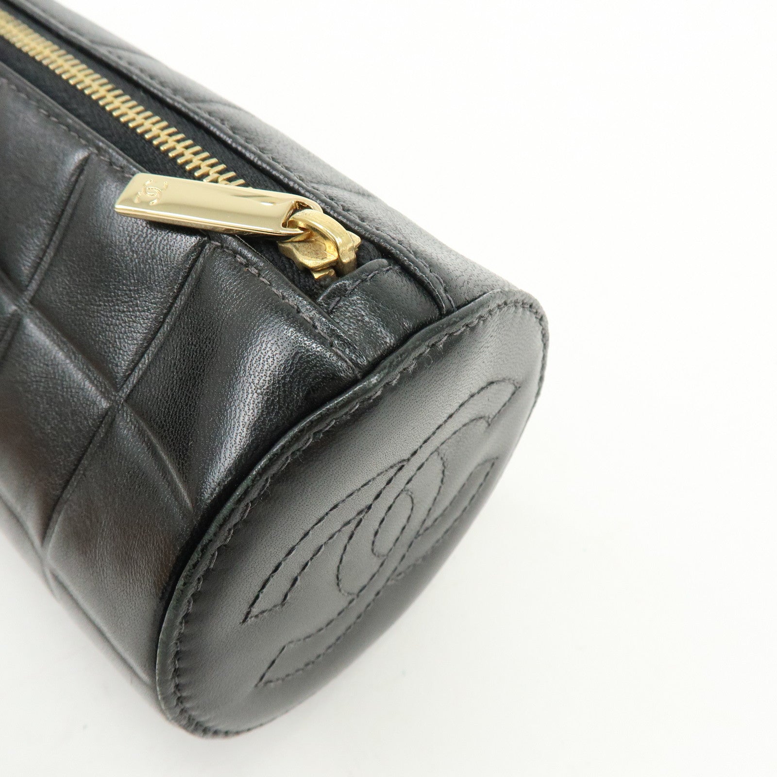 CHANEL COCO Mark Chocolate Bar Lamb Skin Cosmetic Pouch Black Gold